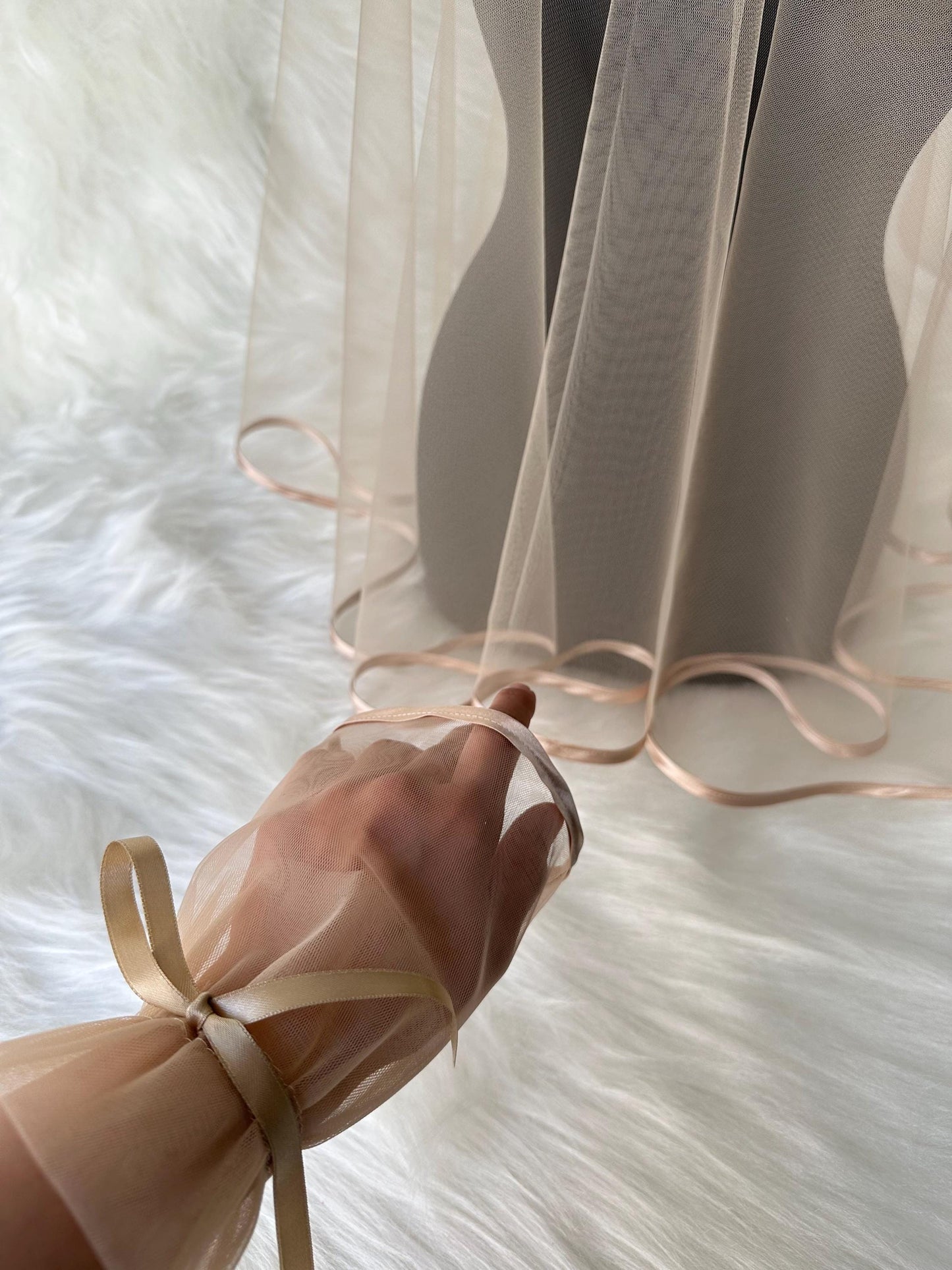 Champagne Bridal Veil & Gloves Set: Ribbon-Edged Tulle, Henna Wedding Elegance