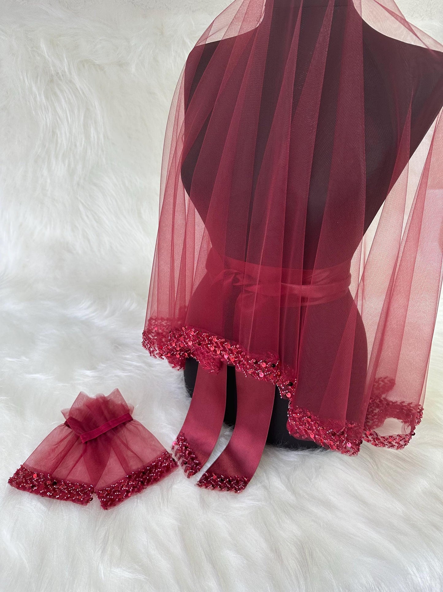 Burgundy Sequin Henna Night Veil with Satin Sash: Turkish Bridal Kına Gecesi Accessory