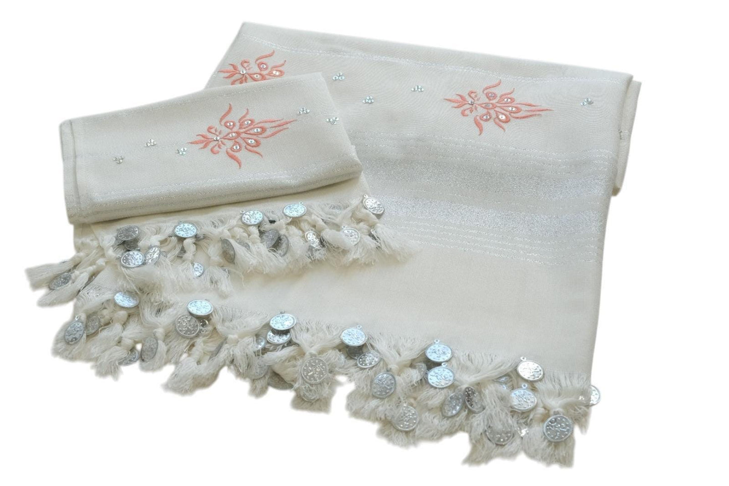 Turkish Bridal Hammam Pestemal: White Spa Towel with Gold Coins & Embroidery