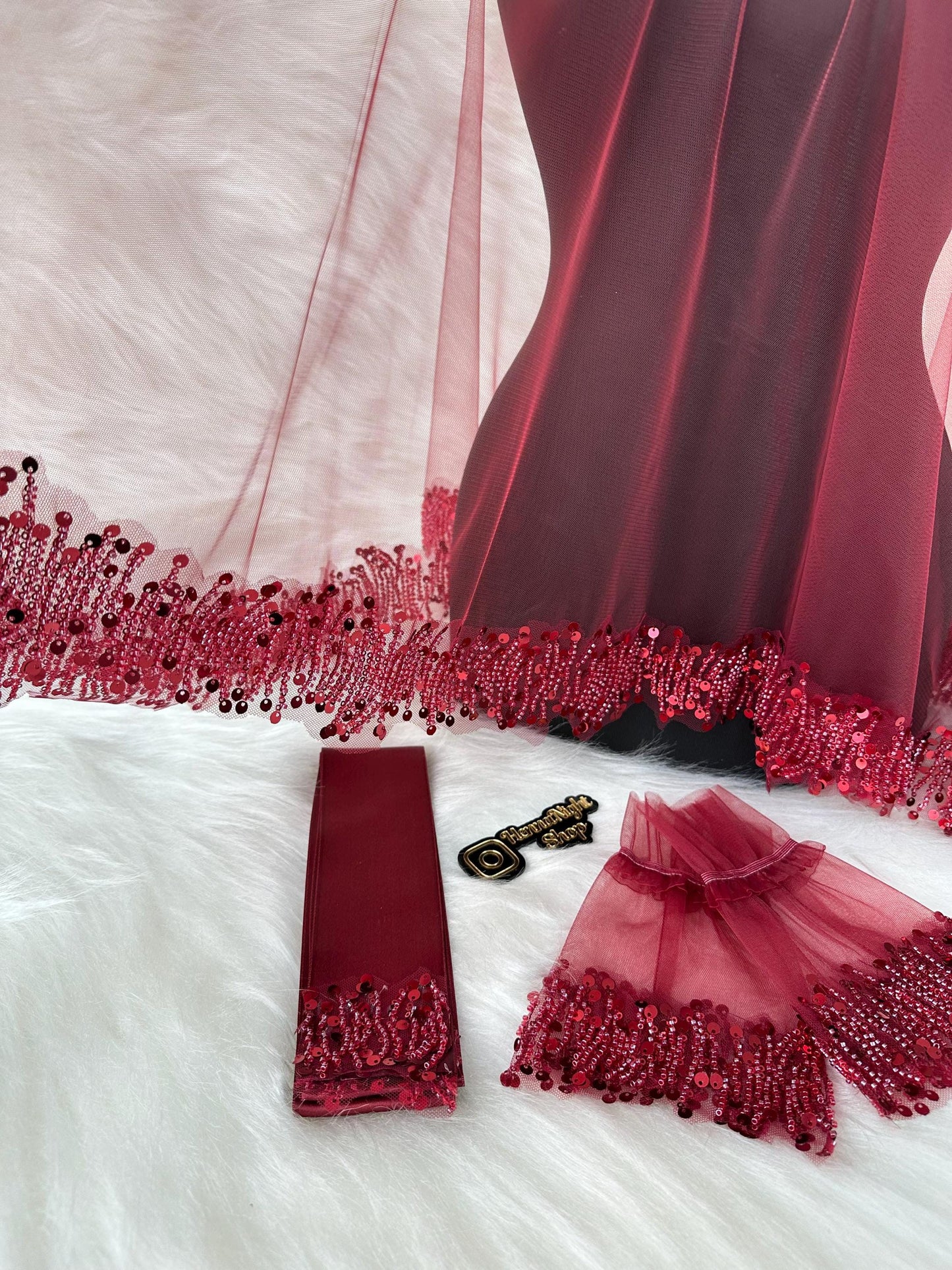 Henna Veil with Sequin Fringe and Burgundy Beaded Matching Accessories | Kına Gecesi & Bridal Accessory