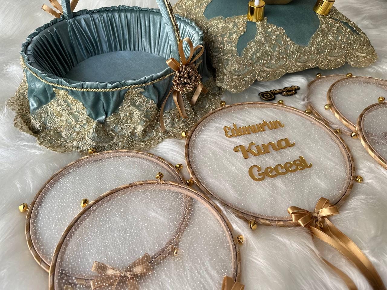 velvet henna basket pillow, bridesmaid tambourines set