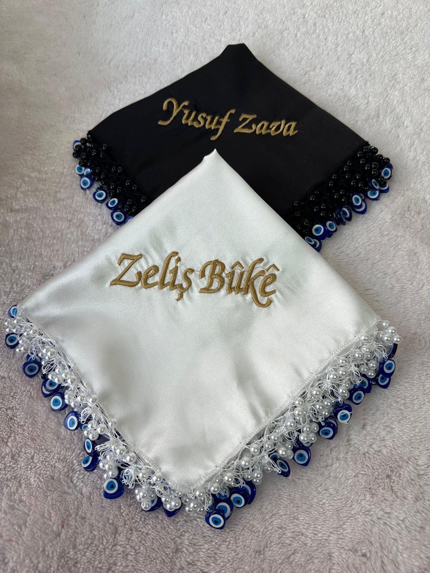 Personalized Halay Handkerchief, Custom Govend Scarf with Evil Eye Beads, Turkish Kurdish Wedding Dance Prop