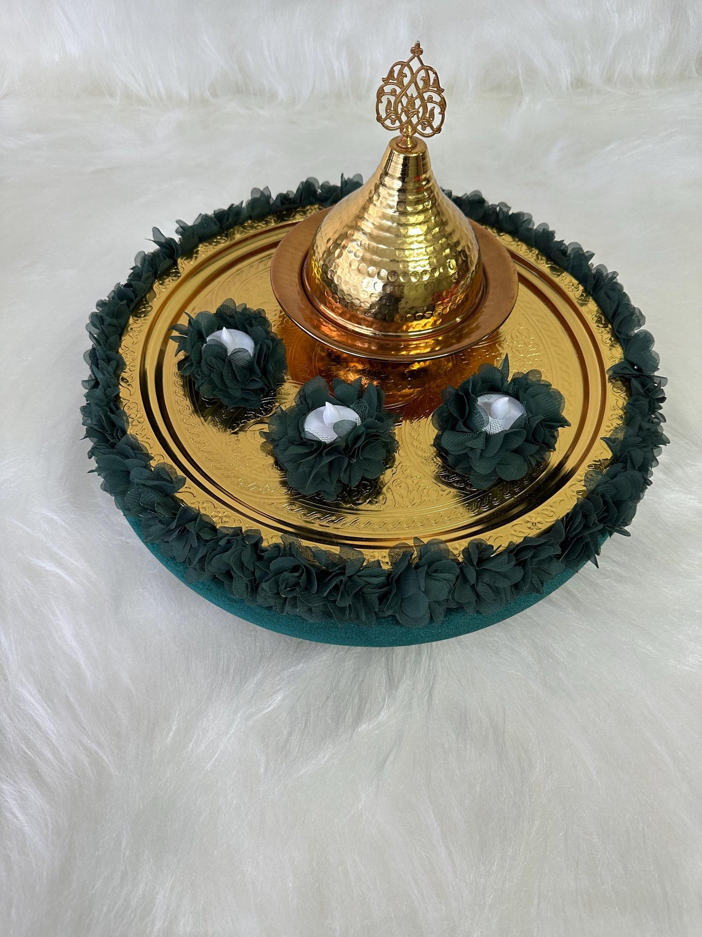 Henna Basket & Tray with Gold Dome, Floral Accents Emerald Velvet kinagecesi tepsi sepet
