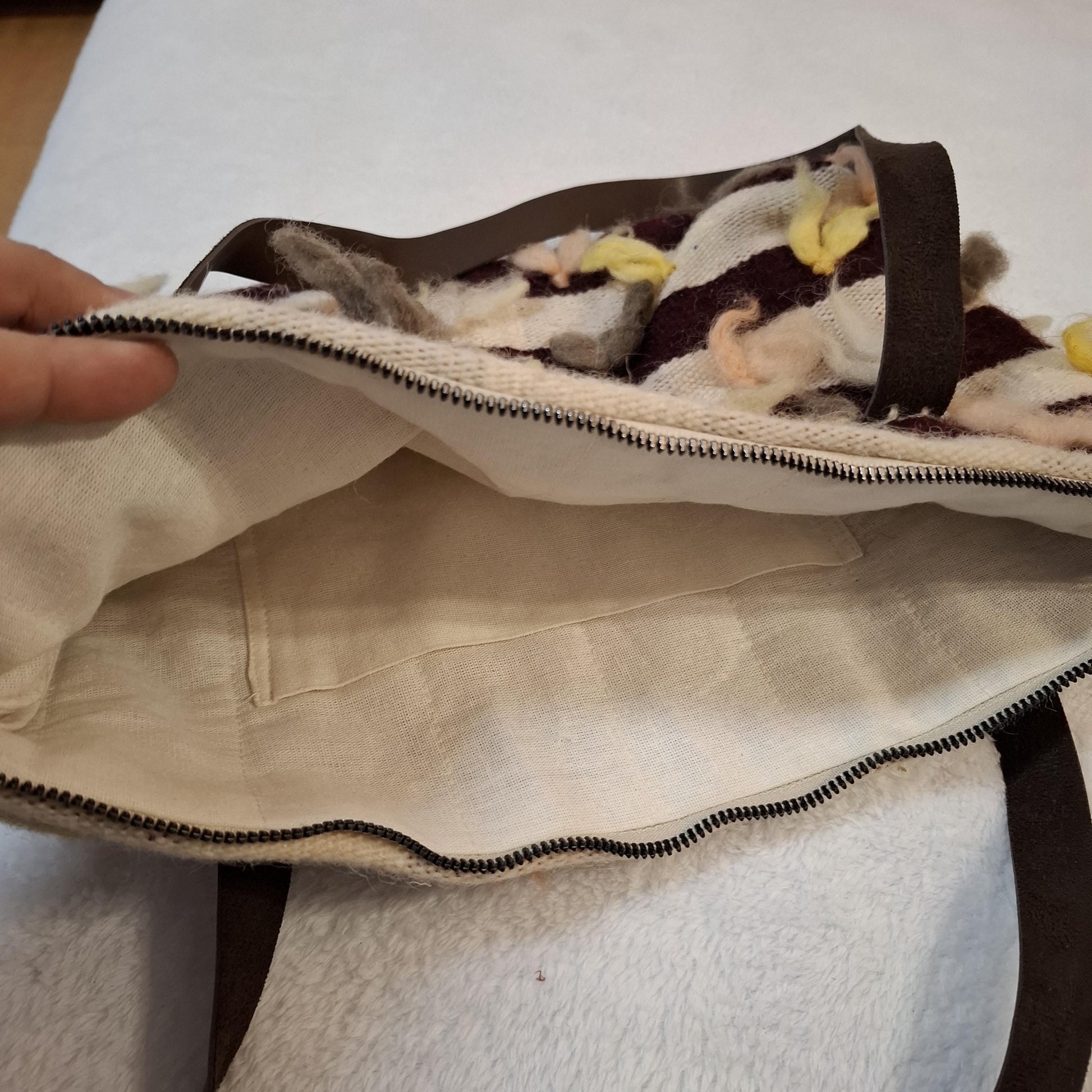 Handwoven Wool Striped Tote Bag with Tufted Felt Accents & Zipper