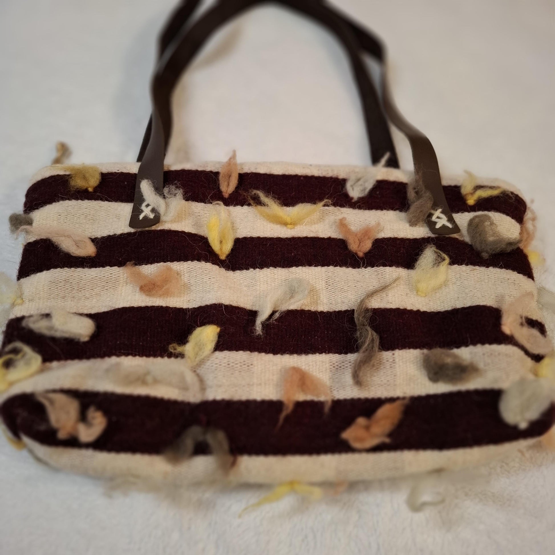 Handwoven Wool Striped Tote Bag with Tufted Felt Accents & Zipper
