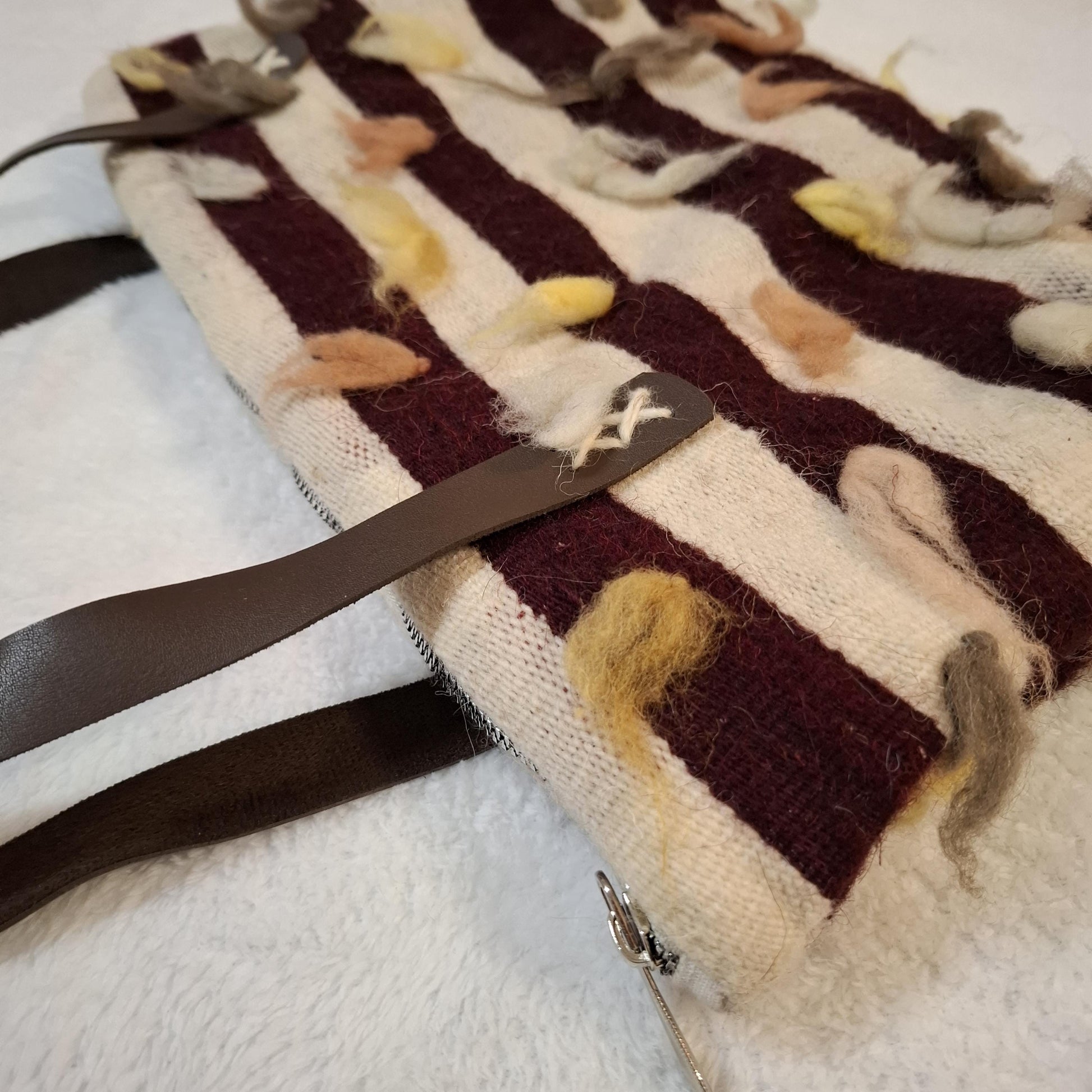 Handwoven Wool Striped Tote Bag with Tufted Felt Accents & Zipper