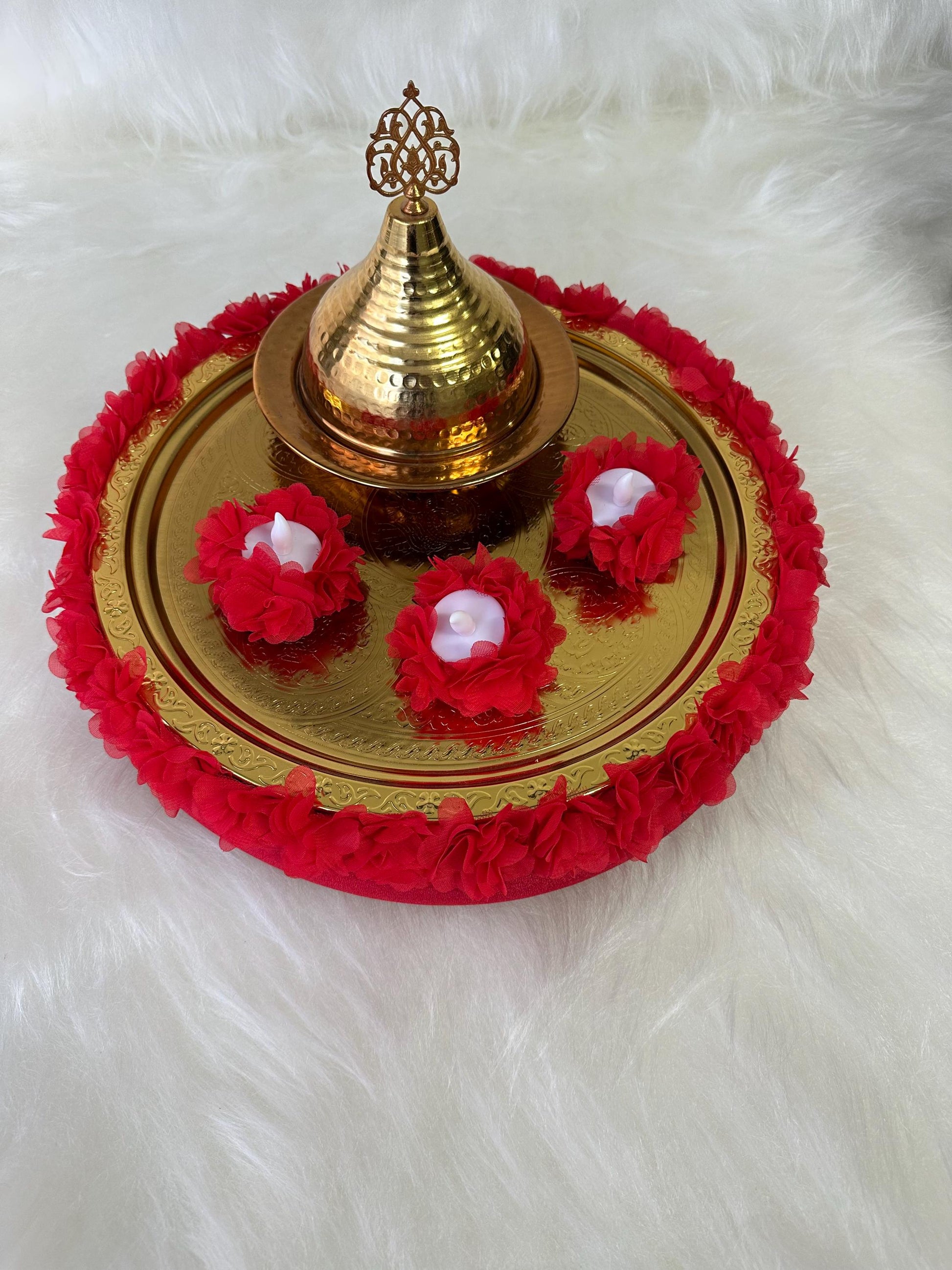 Henna Basket & Tray with Gold Dome, Floral Accents Emerald Velvet kinagecesi tepsi sepet