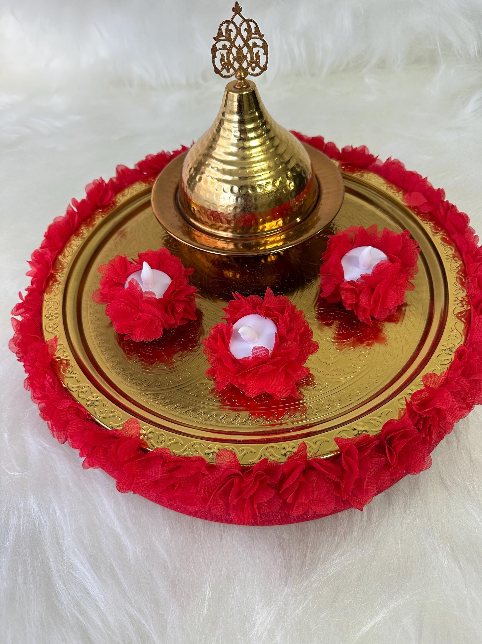 Henna Basket & Tray with Gold Dome, Floral Accents Emerald Velvet kinagecesi tepsi sepet