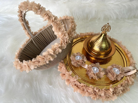 Henna Basket & Tray with Gold Dome, Floral Accents Emerald Velvet kinagecesi tepsi sepet