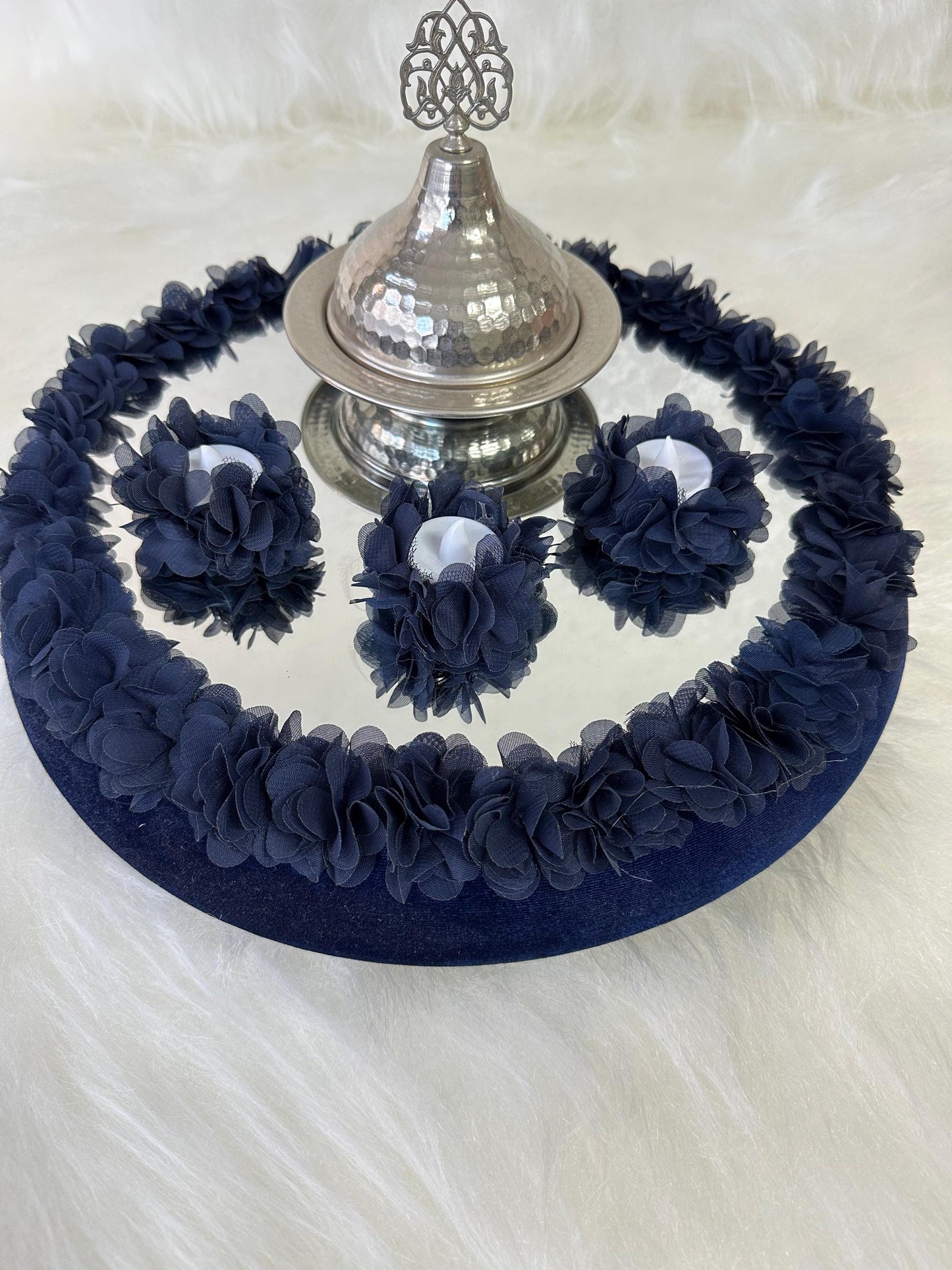 Henna Basket & Tray with Gold Dome, Floral Accents Emerald Velvet kinagecesi tepsi sepet