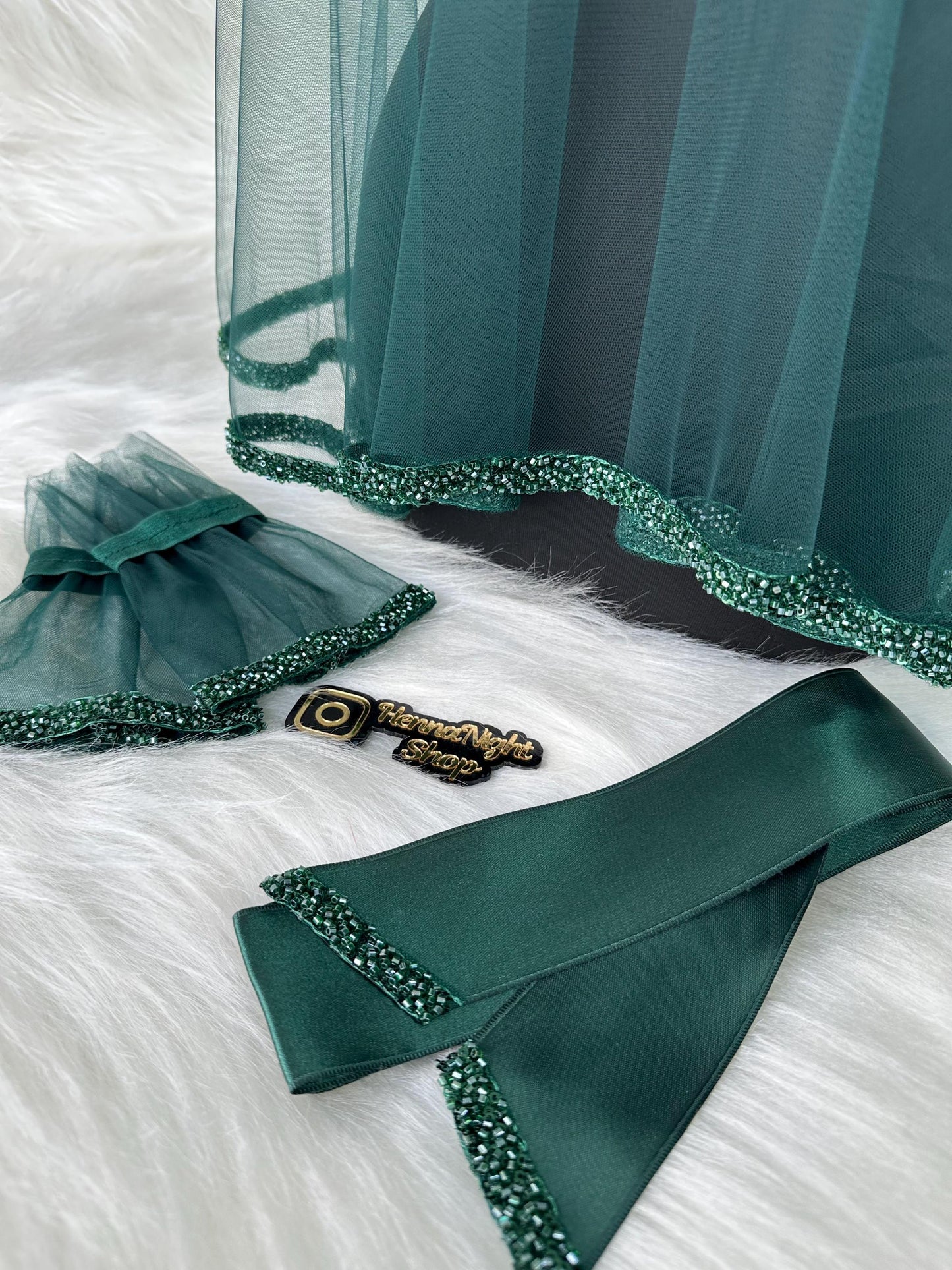 Beaded Henna Veil with Satin Sash: Emerald & Burgundy Kına Gecesi