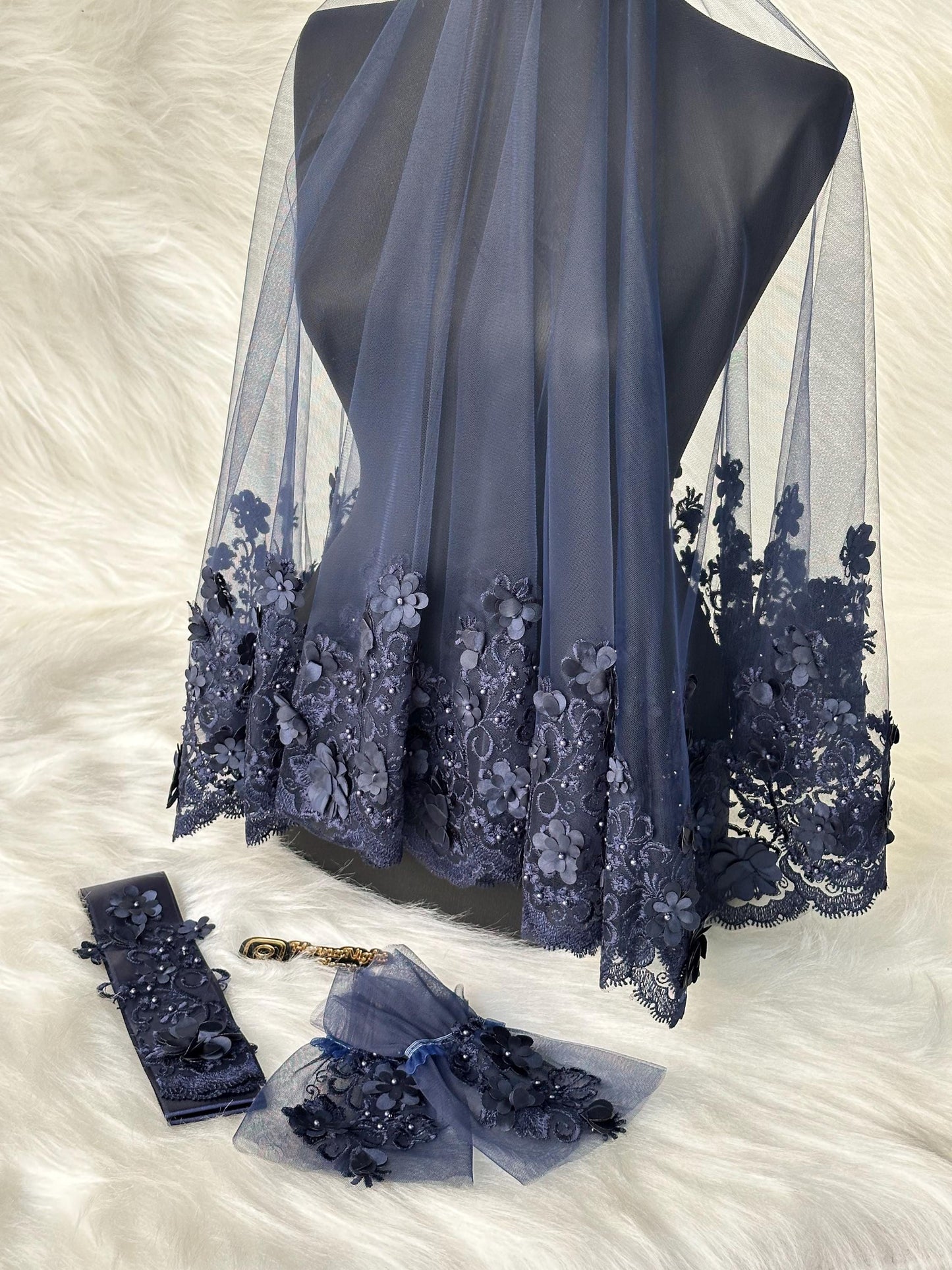 navy blue henna night veil with gloves and belt with flower pattern