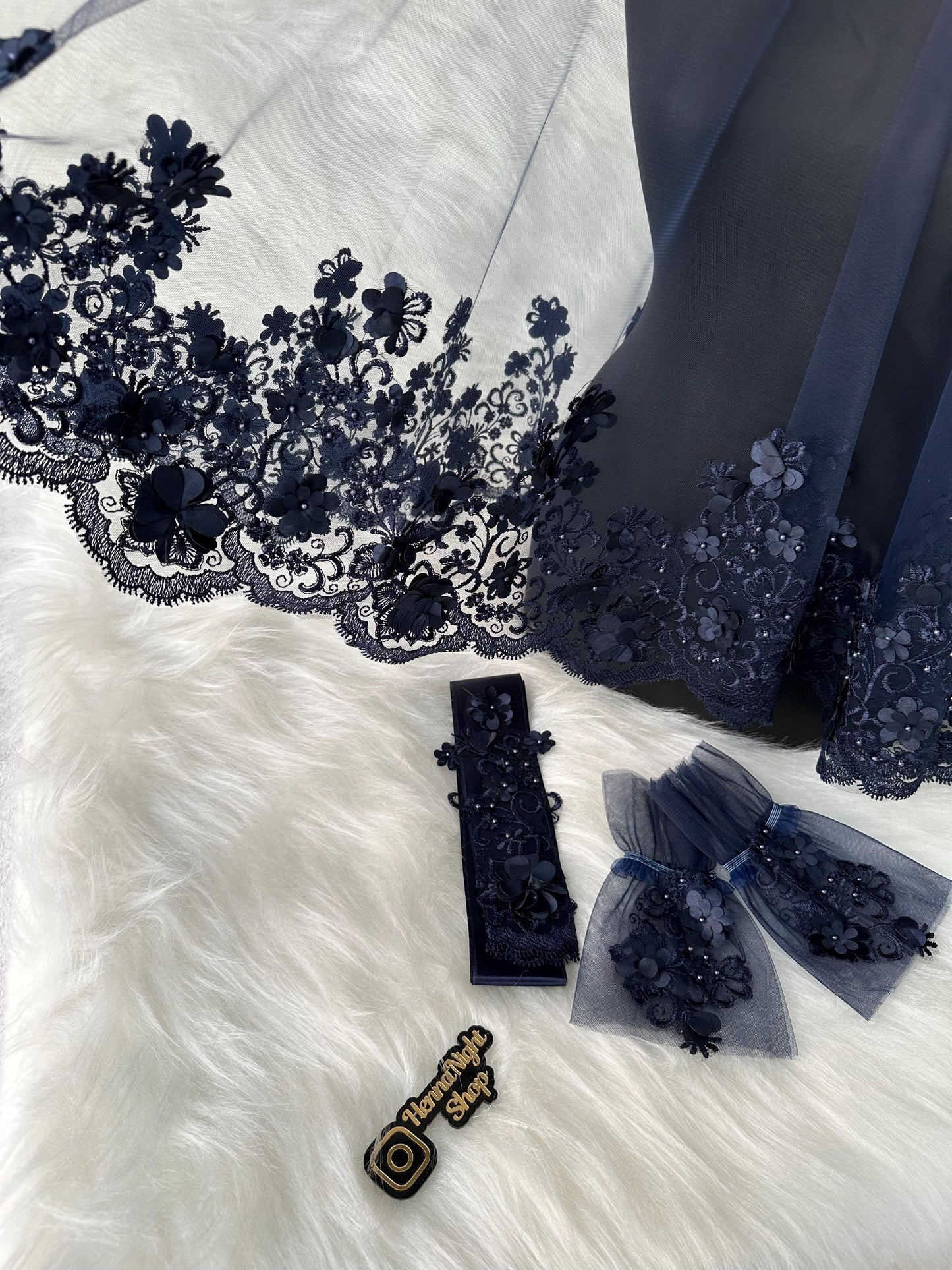 navy blue henna night veil with gloves and belt with flower pattern