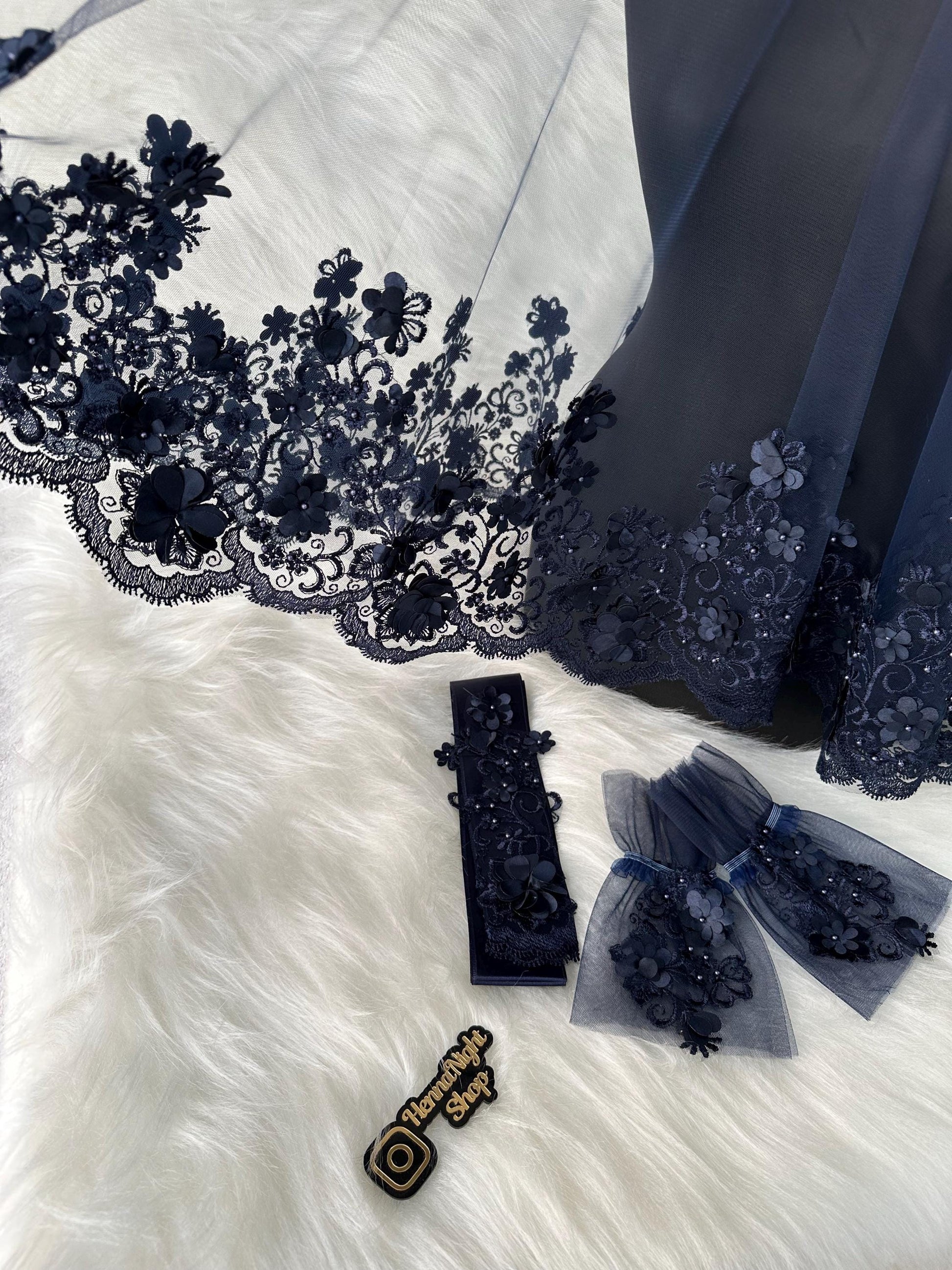 navy blue henna night veil with gloves and belt with flower pattern