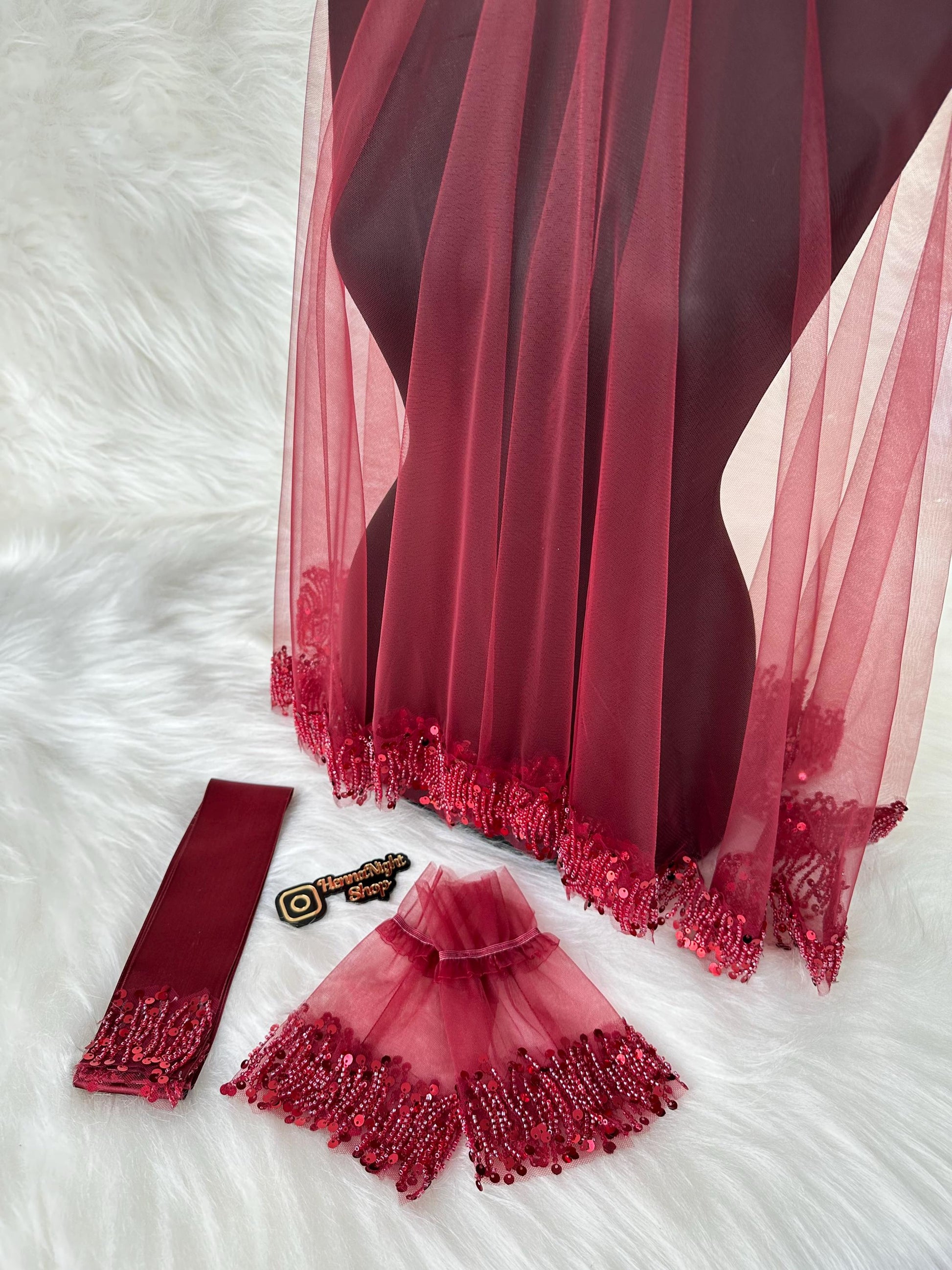 Henna Veil with Sequin Fringe and Burgundy Beaded Matching Accessories | Kına Gecesi & Bridal Accessory
