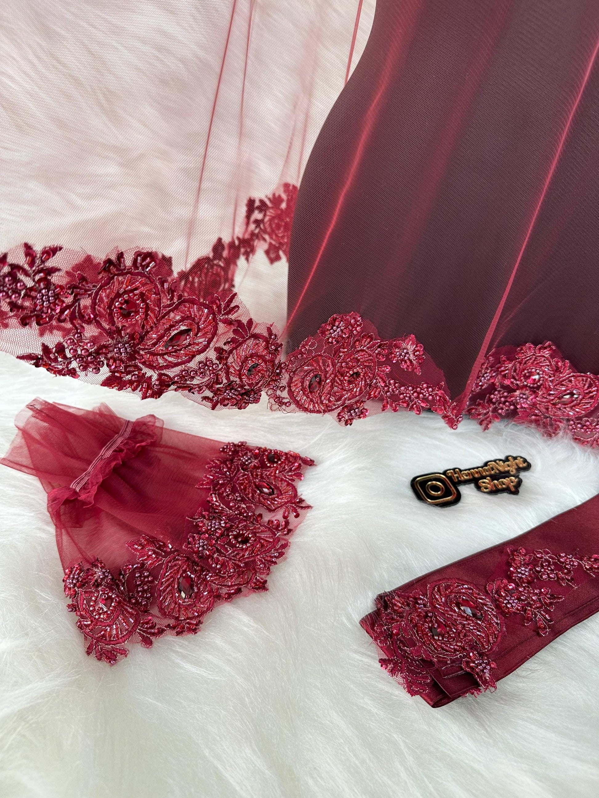 Burgundy Lace Henna Veil with Sash & Cuffs: Kına Gecesi Set