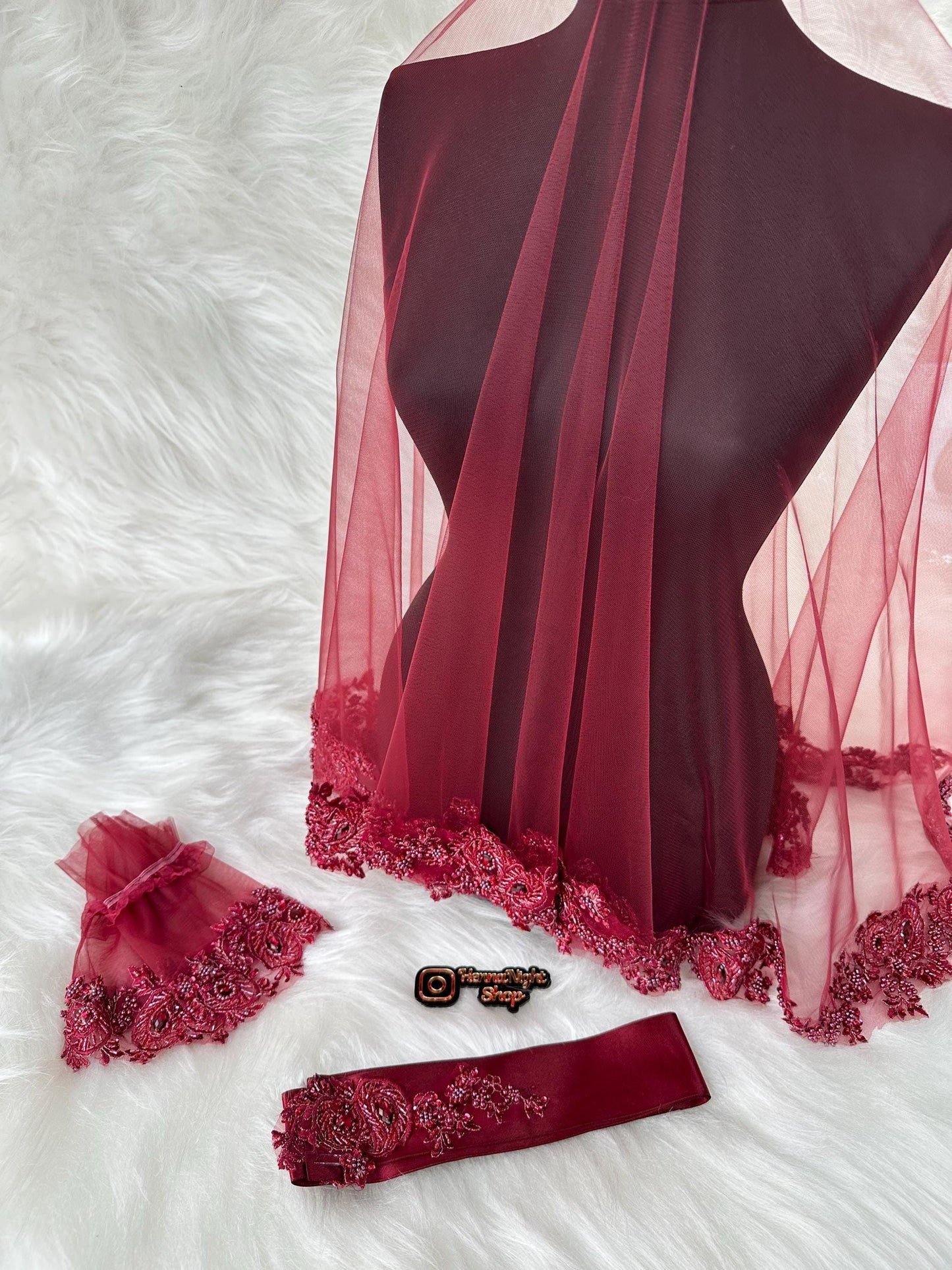 Burgundy Lace Henna Veil with Sash & Cuffs: Kına Gecesi Set