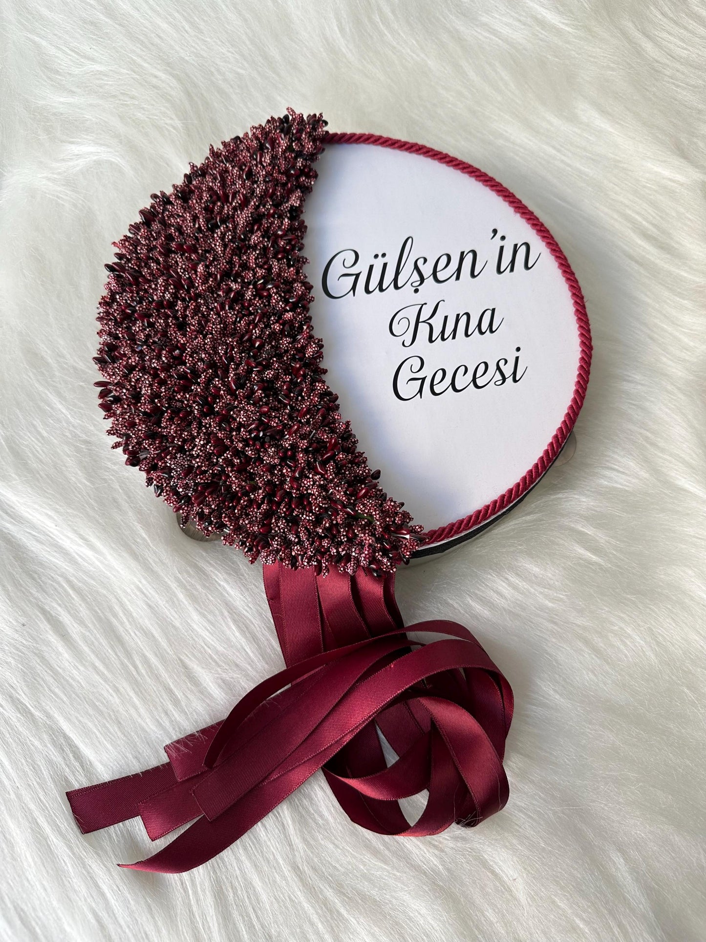 personalized red henna tambourine with ribbon