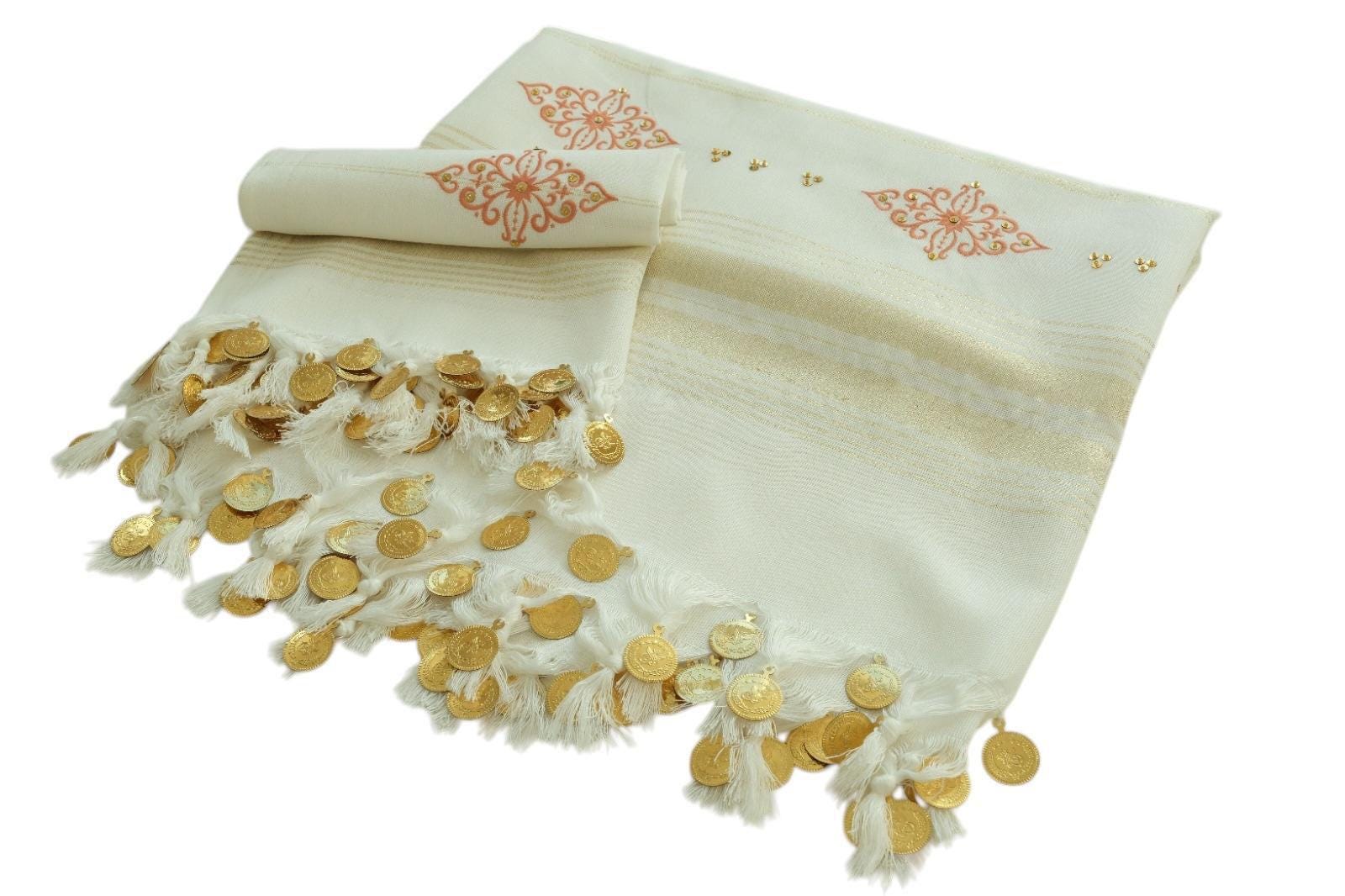Turkish Bridal Hammam Pestemal: White Spa Towel with Gold Coins & Embroidery