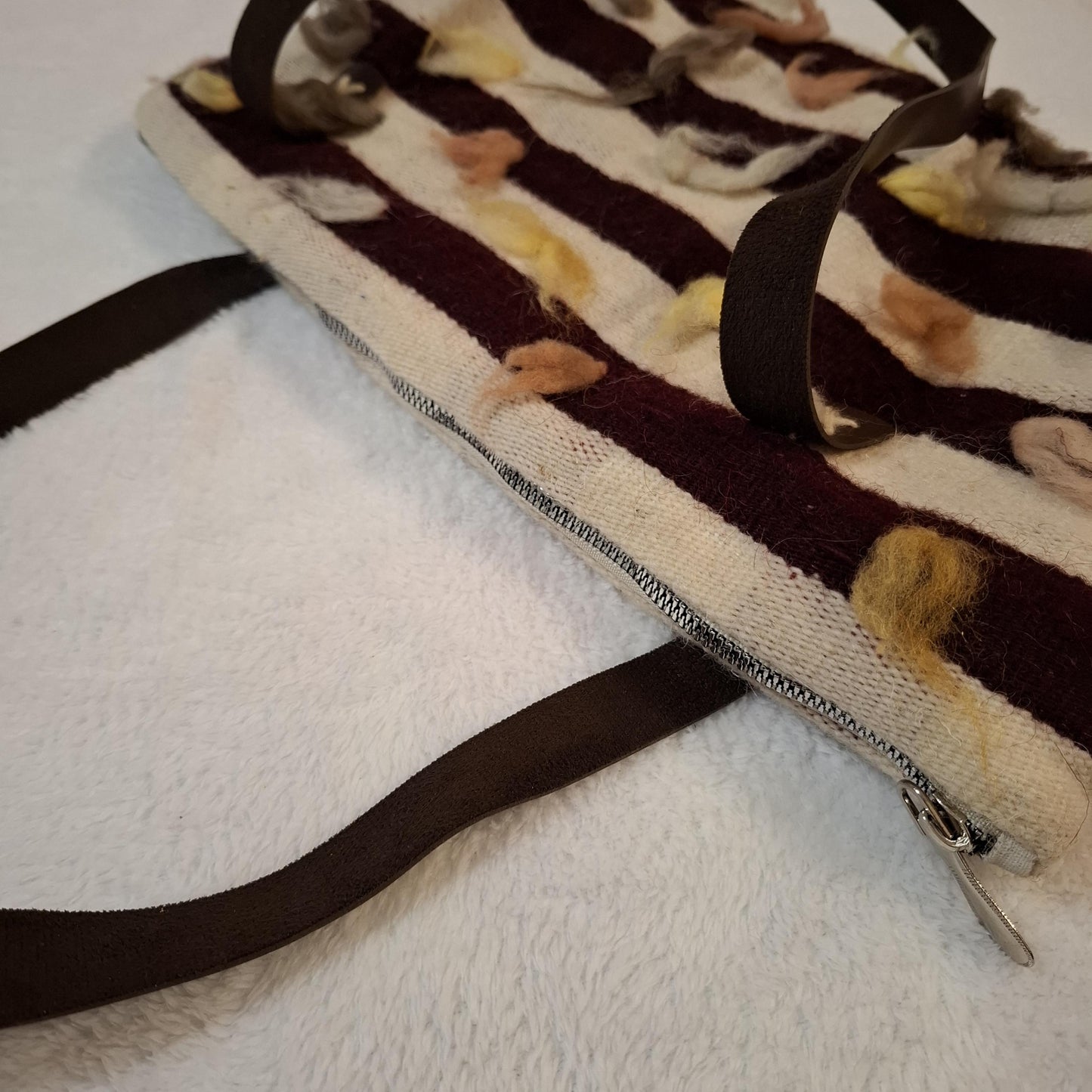 Handwoven Wool Striped Tote Bag with Tufted Felt Accents & Zipper