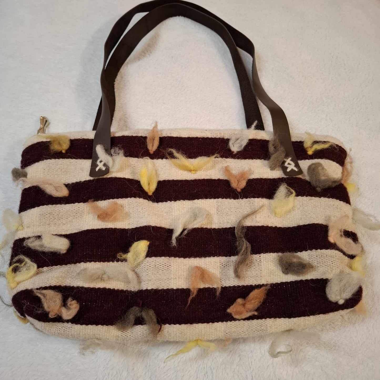 Handwoven Wool Striped Tote Bag with Tufted Felt Accents & Zipper