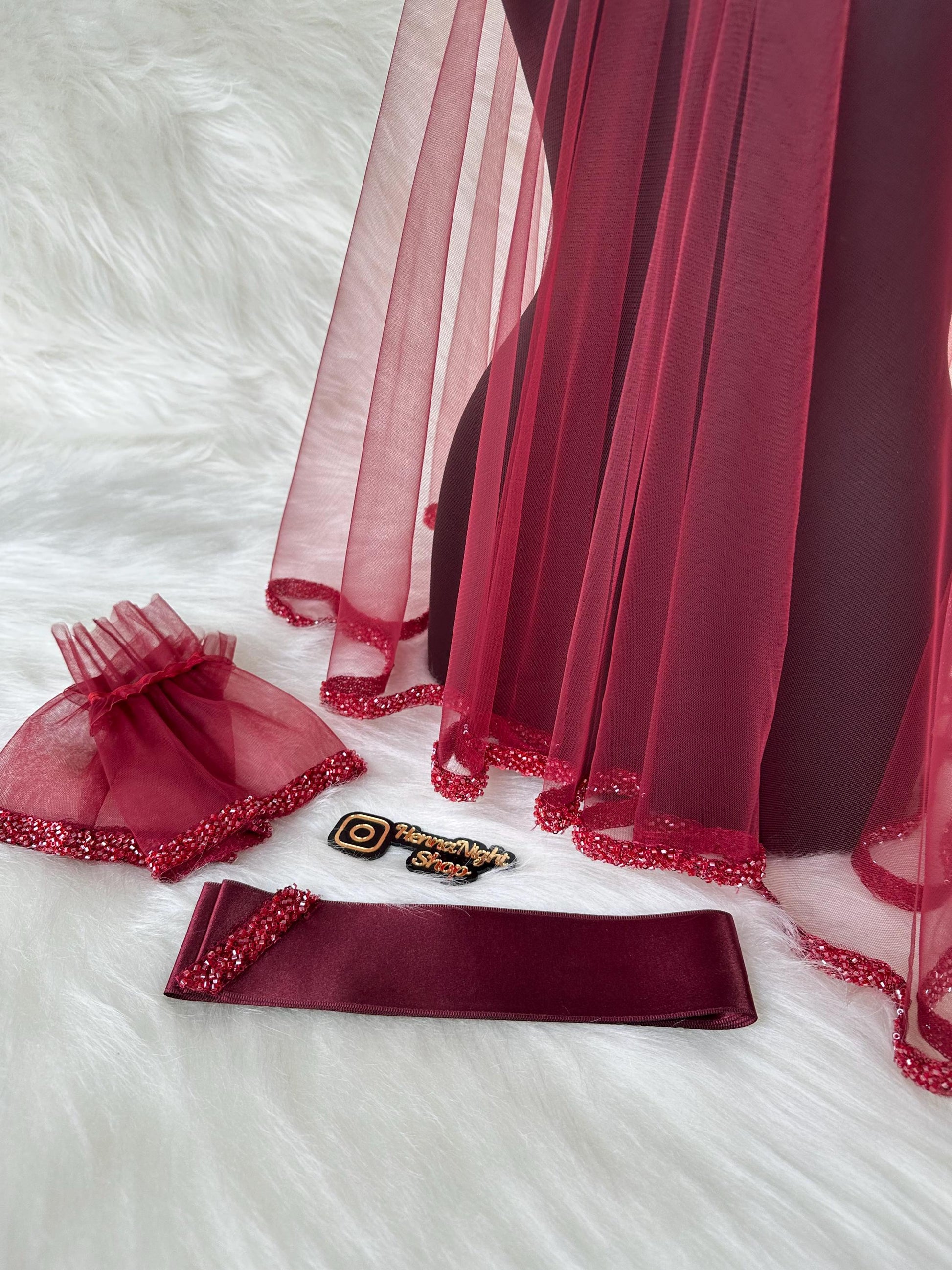 Beaded Henna Veil with Satin Sash: Emerald & Burgundy Kına Gecesi