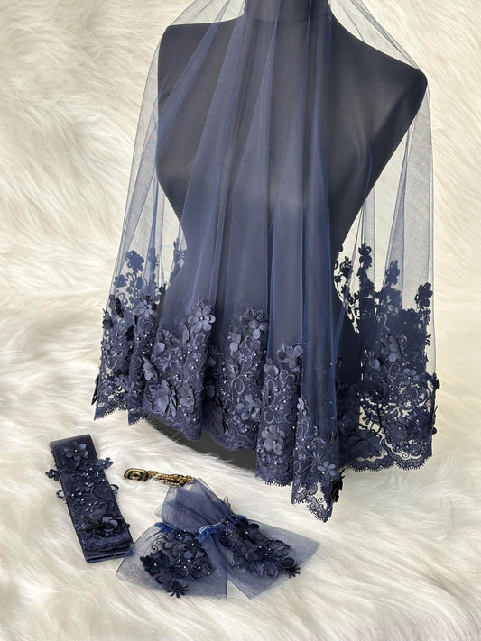 navy blue henna night veil with gloves and belt