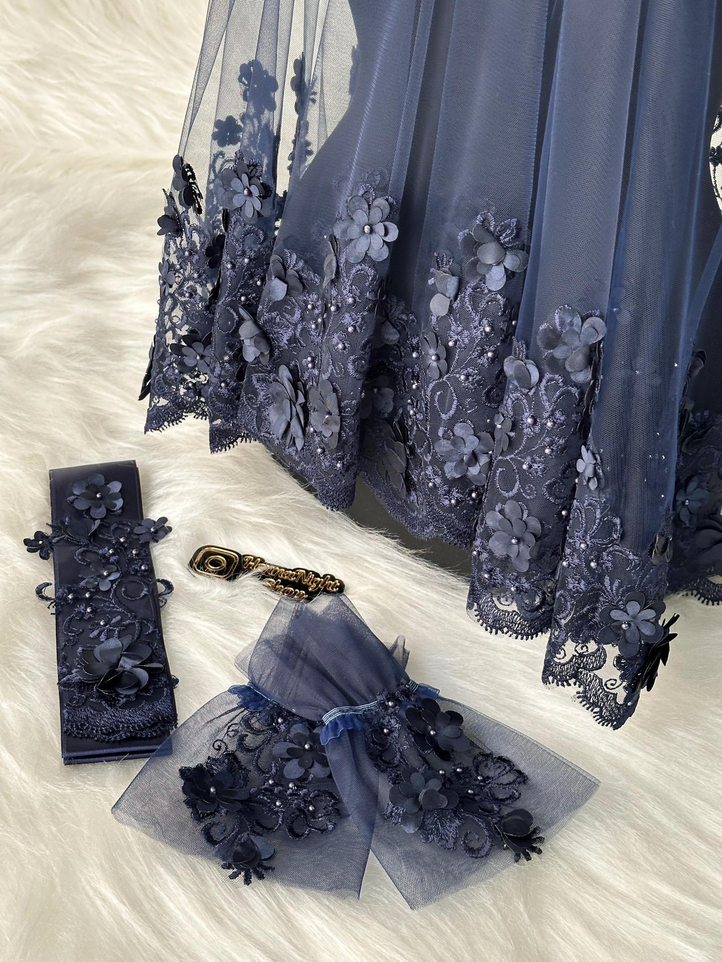 navy blue henna night veil with gloves and belt