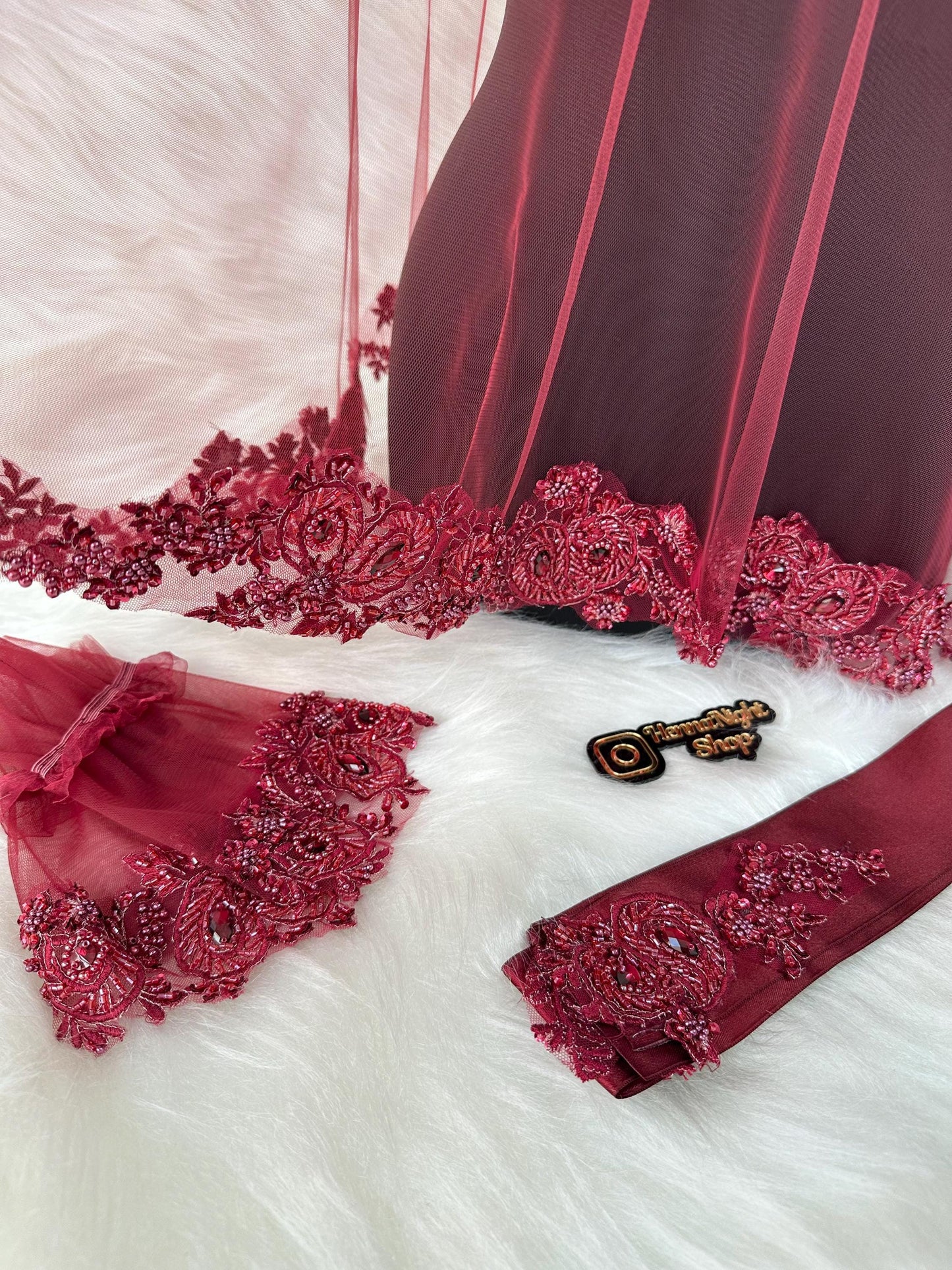 Burgundy Lace Henna Veil with Sash & Cuffs: Kına Gecesi Set