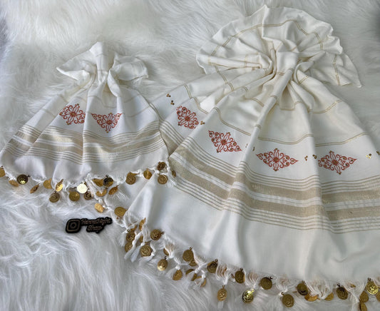 Turkish Bridal Hammam Pestemal: White Spa Towel with Gold Coins & Embroidery