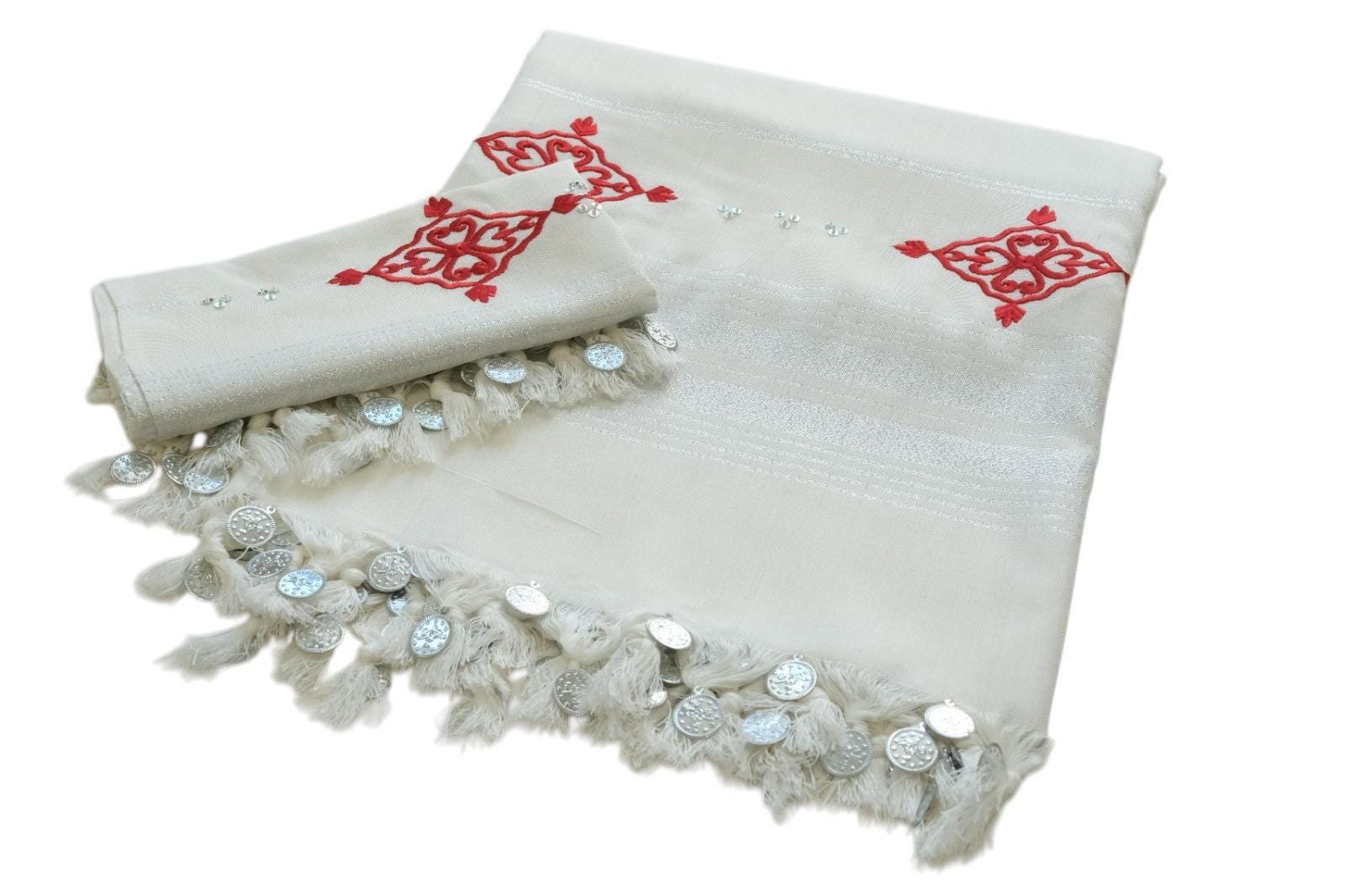 Turkish Bridal Hammam Pestemal: White Spa Towel with Gold Coins & Embroidery