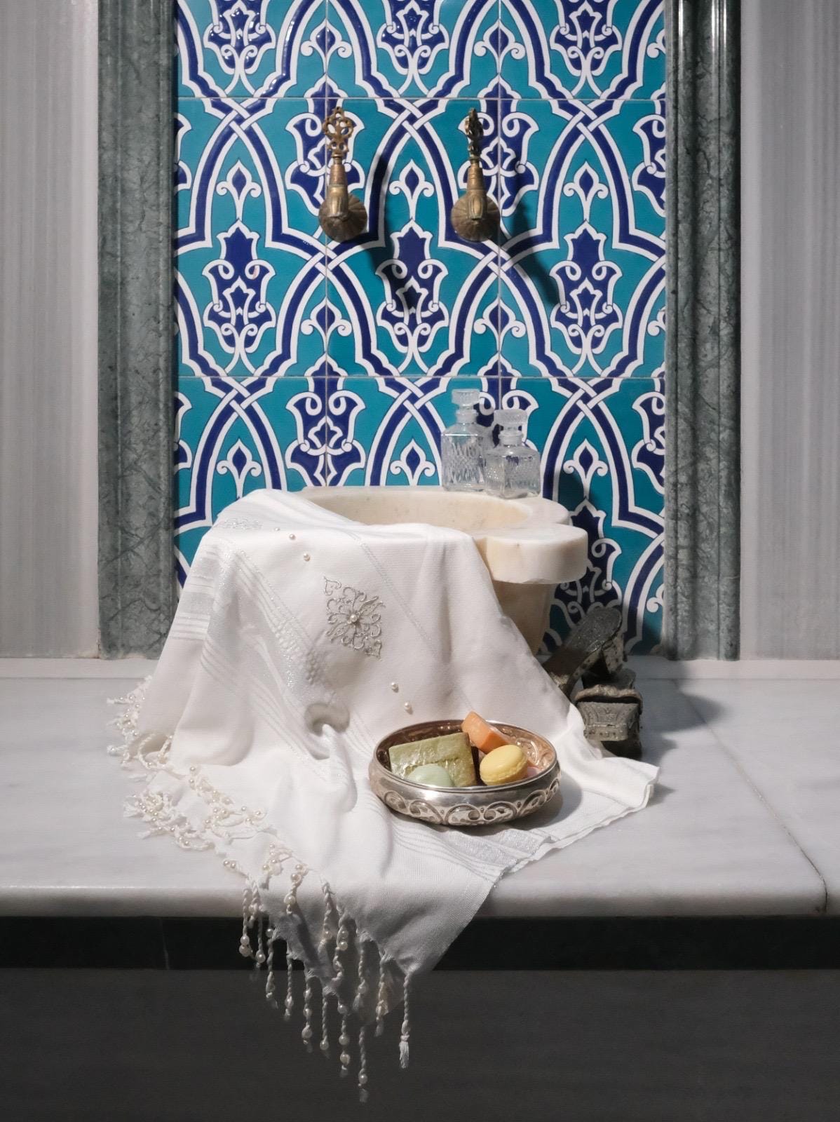 Turkish Bridal Hammam Pestemal: White Spa Towel with Gold Coins & Embroidery