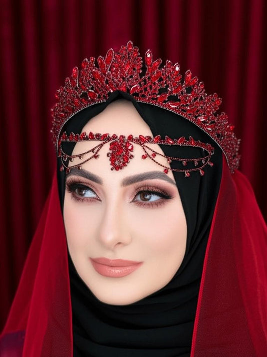 a henna bride is wearing forehead and crown jewelry