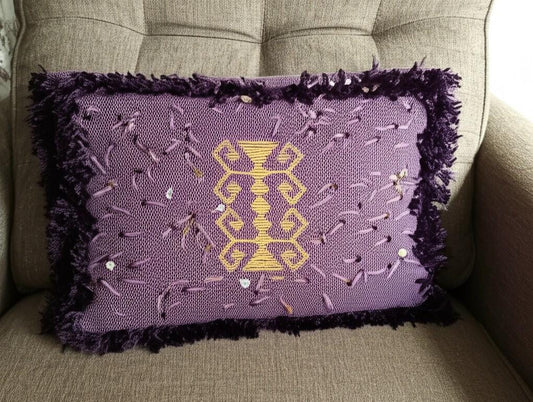 Handwoven Decorative Pillow Case with Fringe and Sequin Details – Boho-Chic Accent Cushion Cover