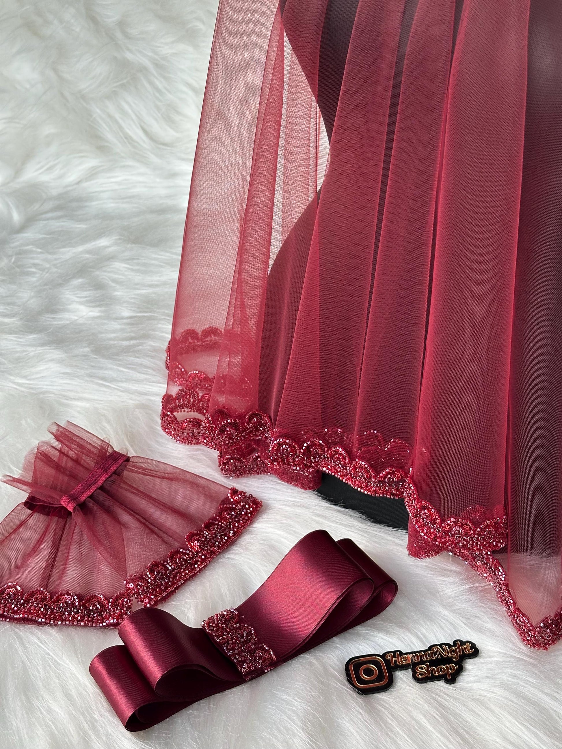 Beaded Burgundy Henna-Night Set - Veil, Gloves, and Belt for Henna Party / Kina gecesi duvak