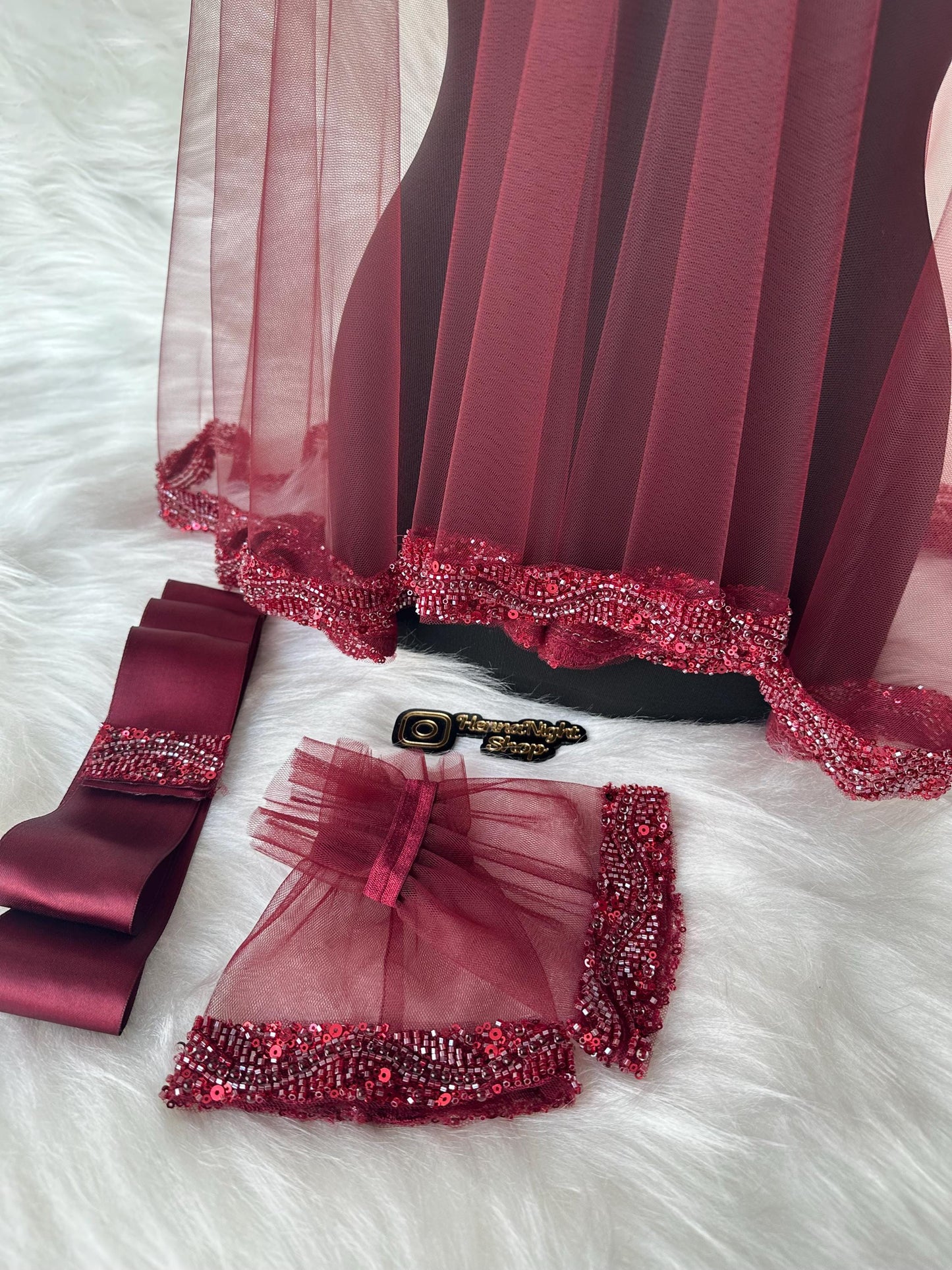 Red Tulle Henna Bride Veil, Belt, and Gloves Set: Beaded Trim