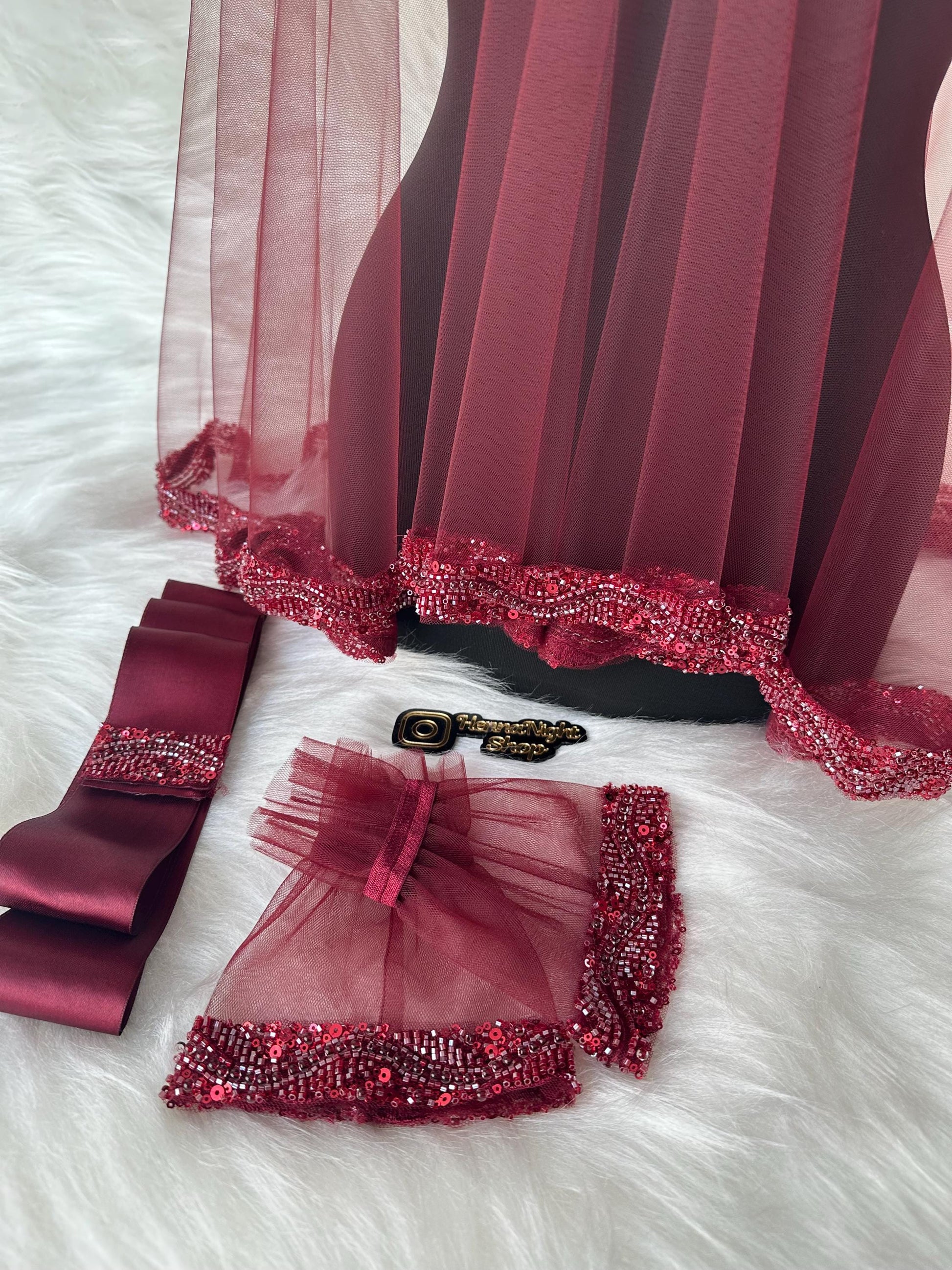Red Tulle Henna Bride Veil, Belt, and Gloves Set: Beaded Trim