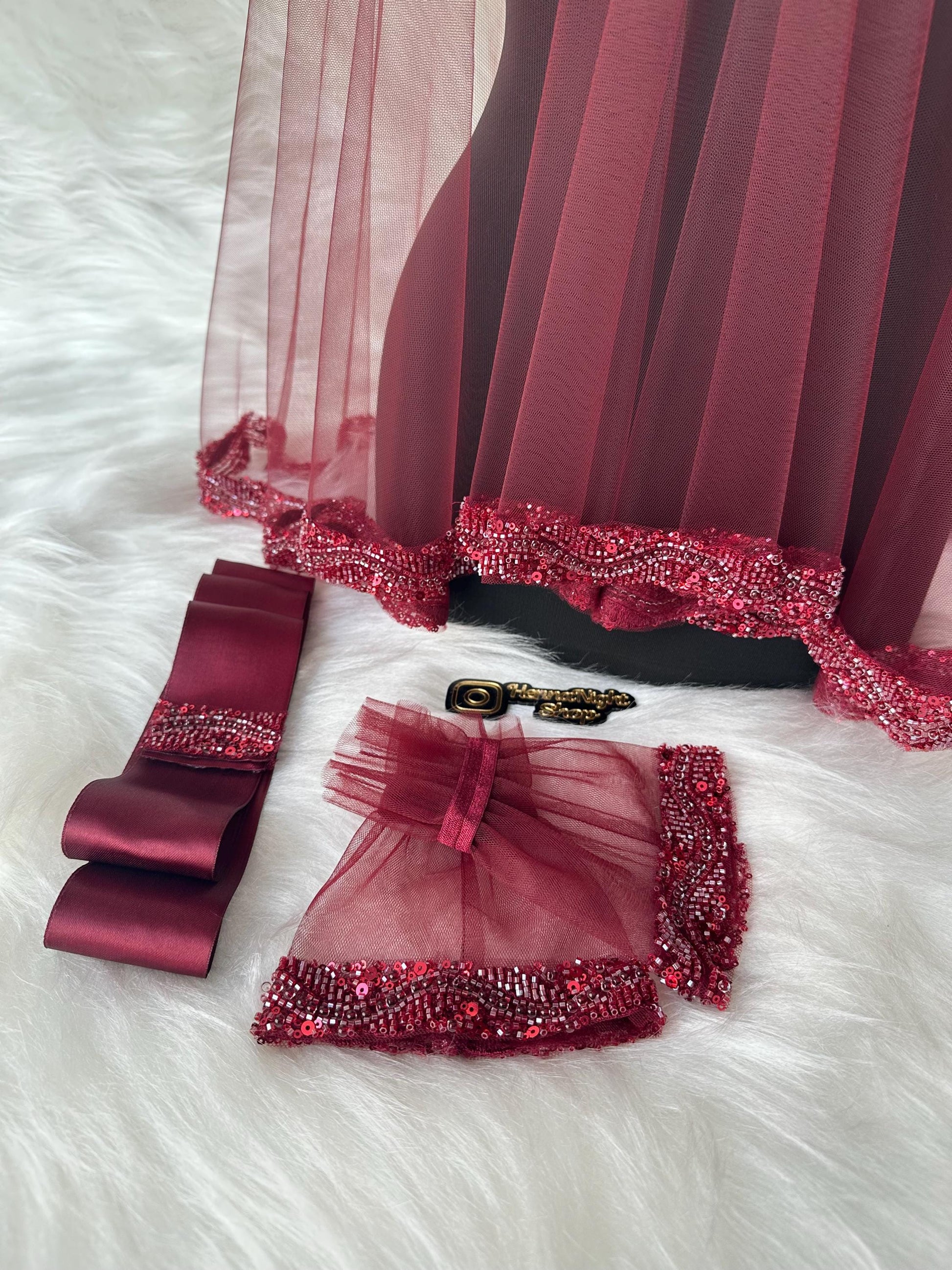 Red Tulle Henna Bride Veil, Belt, and Gloves Set: Beaded Trim
