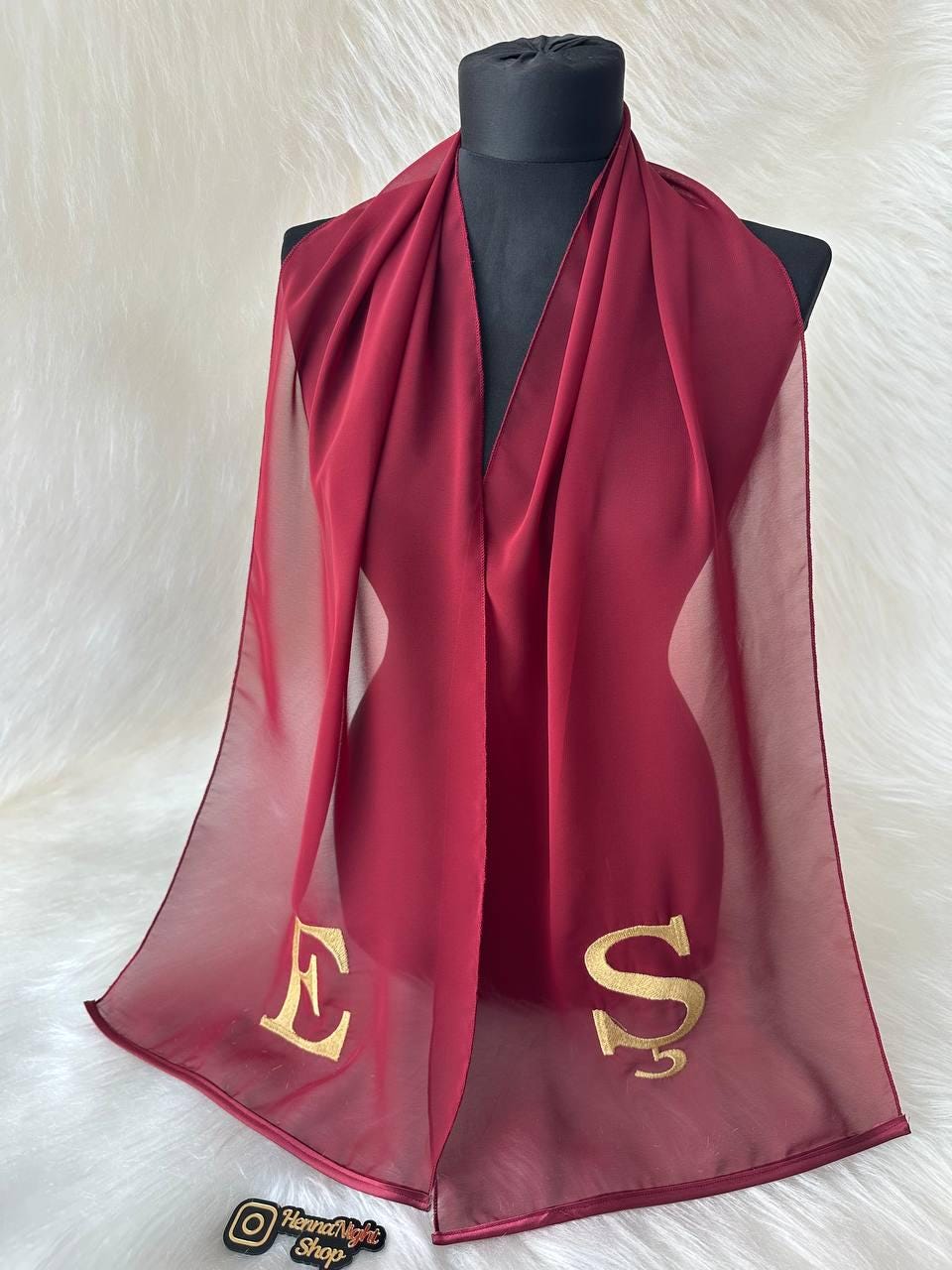 Henna Night Groom Scarf - Elegant Maroon Veil with Gold Embroidery