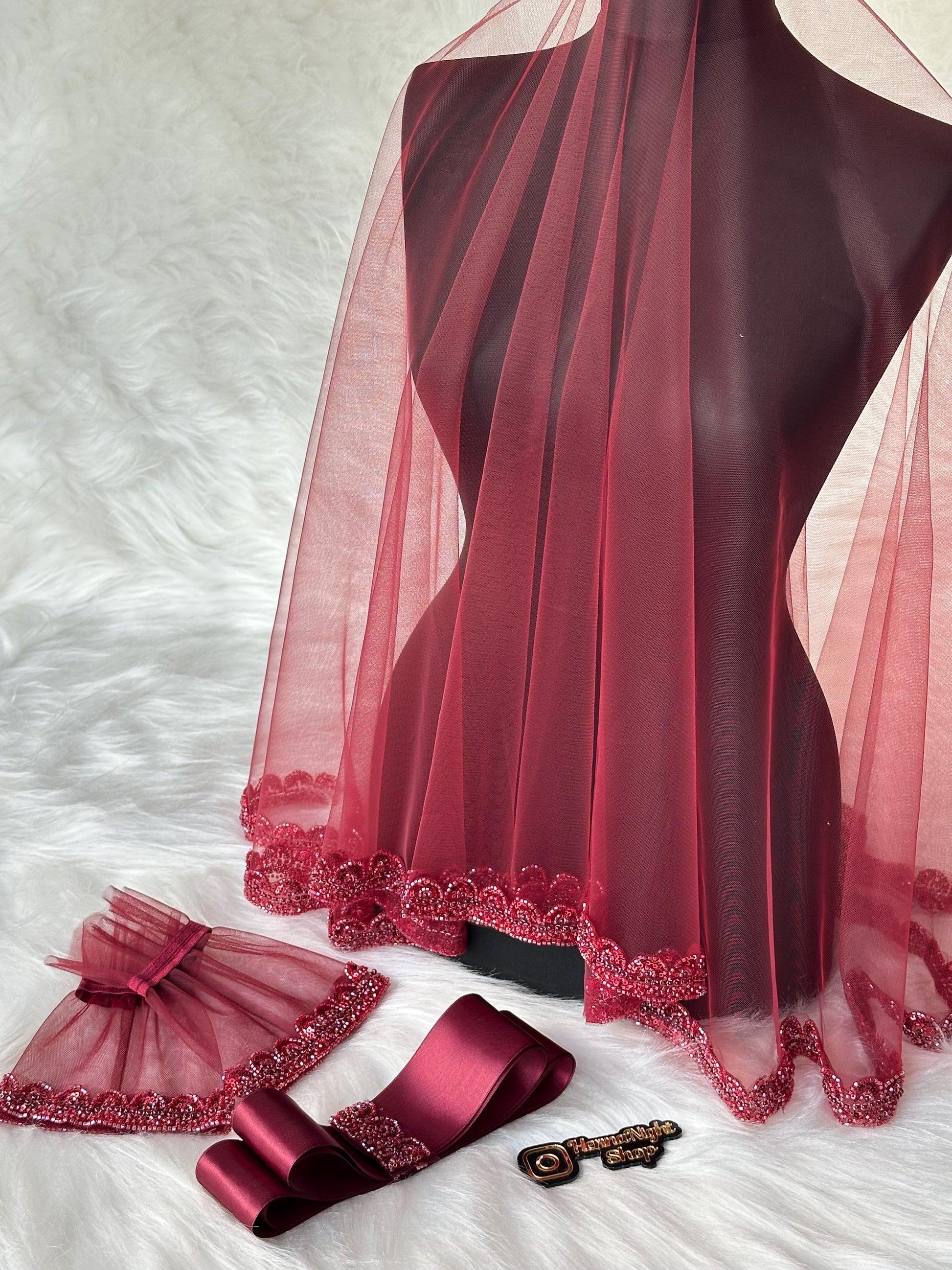 Beaded Burgundy Henna-Night Set - Veil, Gloves, and Belt for Henna Party / Kina gecesi duvak