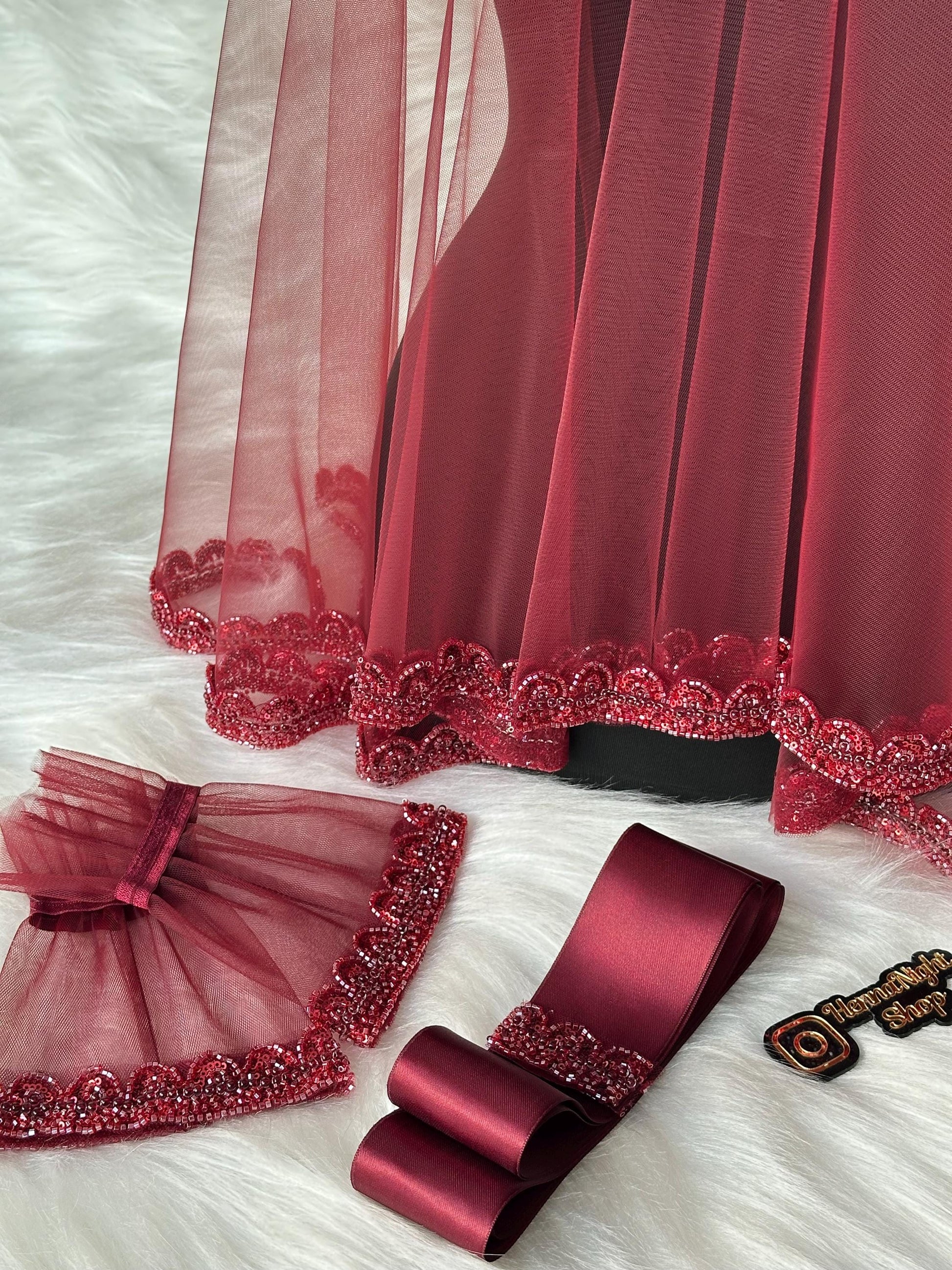Beaded Burgundy Henna-Night Set - Veil, Gloves, and Belt for Henna Party / Kina gecesi duvak
