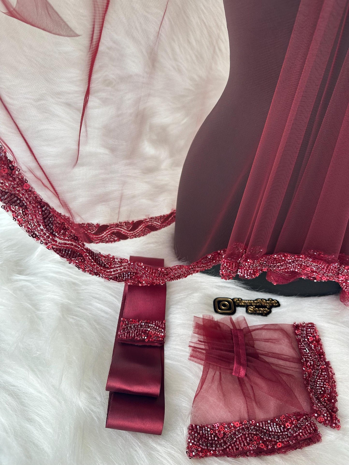 Red Tulle Henna Bride Veil, Belt, and Gloves Set: Beaded Trim