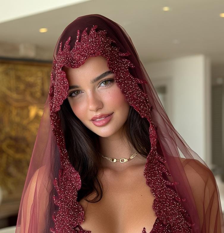Henna Beaded Red Veil, Sash & Gloves Set – Eye-Catching Kina Duvagi Henna-Nacht