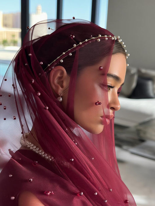 henna Burgundy tulle fabric with pearl embellishments, a burgundy satin ribbon, two burgundy fabric flowers with gold letters E and A, and a burgundy and gold Instagram logo with the text 'HannaNight Shop'.