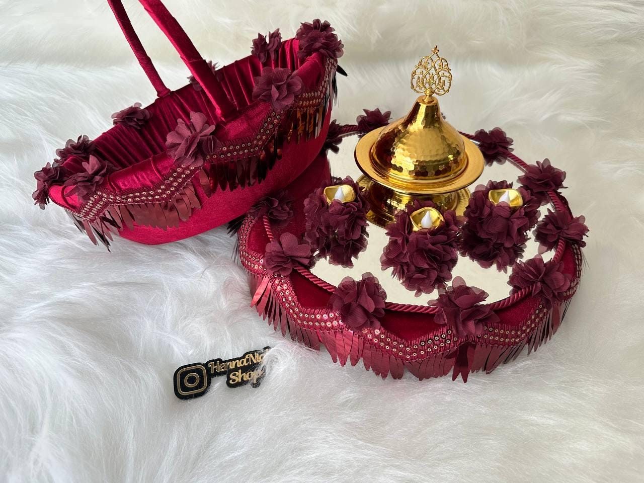 henna tray and basket. led candles and golden dome are there