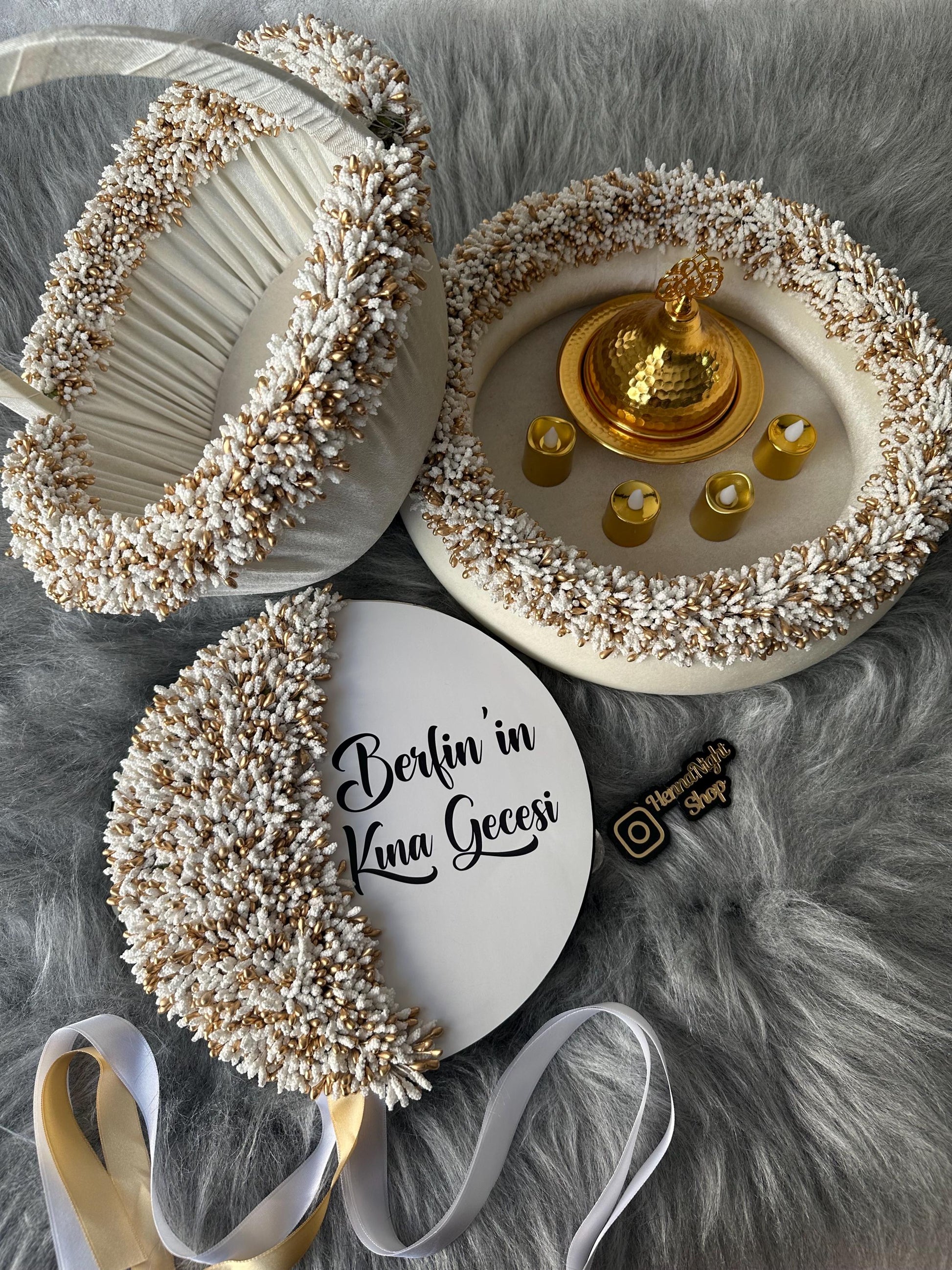 a gold dome with hand candles. white henna basket, personalized white henna tambourine, white henna tray