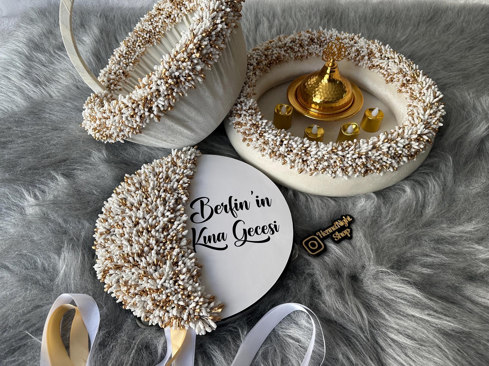 a gold dome with hand candles. white henna basket, personalized white henna tambourine, white henna tray
