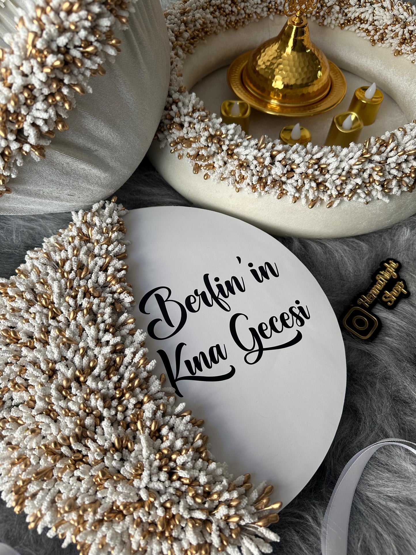 a gold dome with hand candles. white henna basket, personalized white henna tambourine, white henna tray