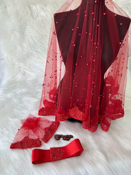 Henna Night Pearl Sequin Veil Gloves, Hand Rose Belt Set Bridal & kinagecesi