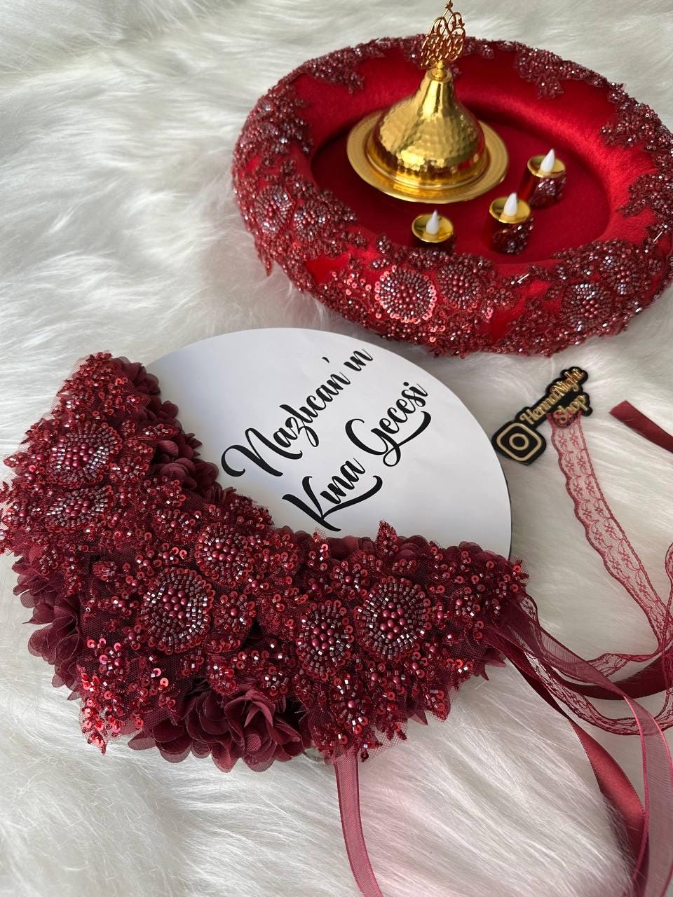 henna beaded tambourine with personalized text and henna tray with gold dome and candles